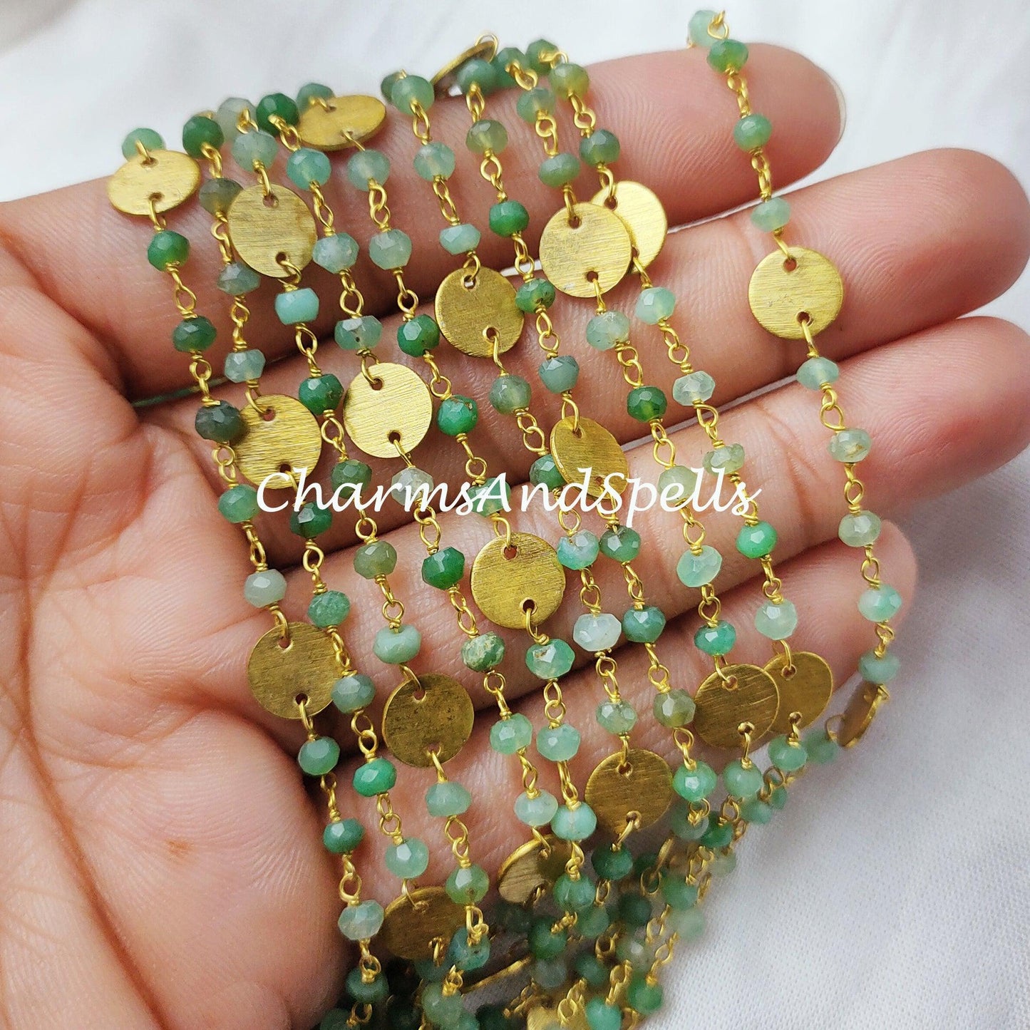 1 Feet Chain, Chrysoprase Beaded Chain, Wire Wrapped Chain, Rosary Bead Chain, Green Gemstone Chain, Jewelry Making Chain, DIY Chain, Handmade Chain - Charms And Spells