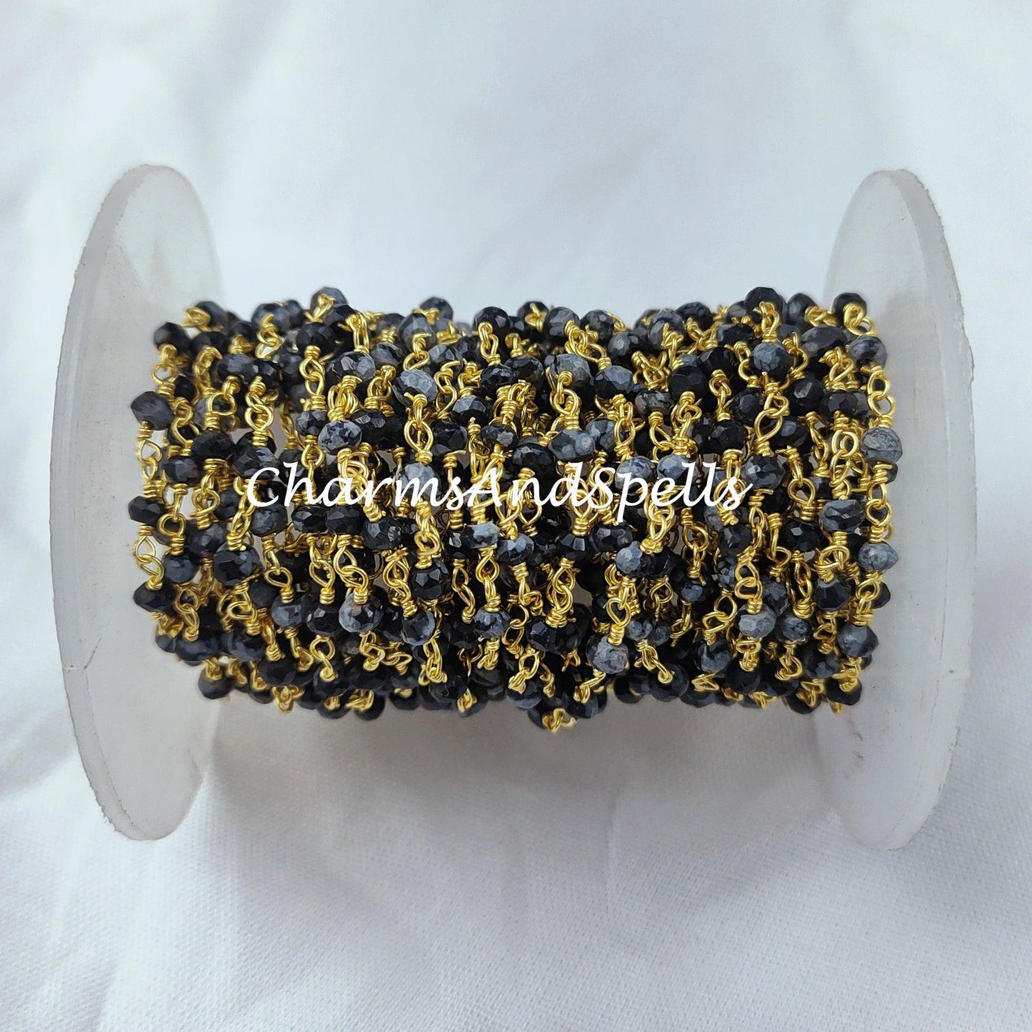 1 Feet Chain, Genuine Snow Flack Obsidian Rosary Chain, 14K Gold Plated Wire Wrap Chain, Rondelle Rosary, Rosary Chain For Making Jewelry - Charms And Spells