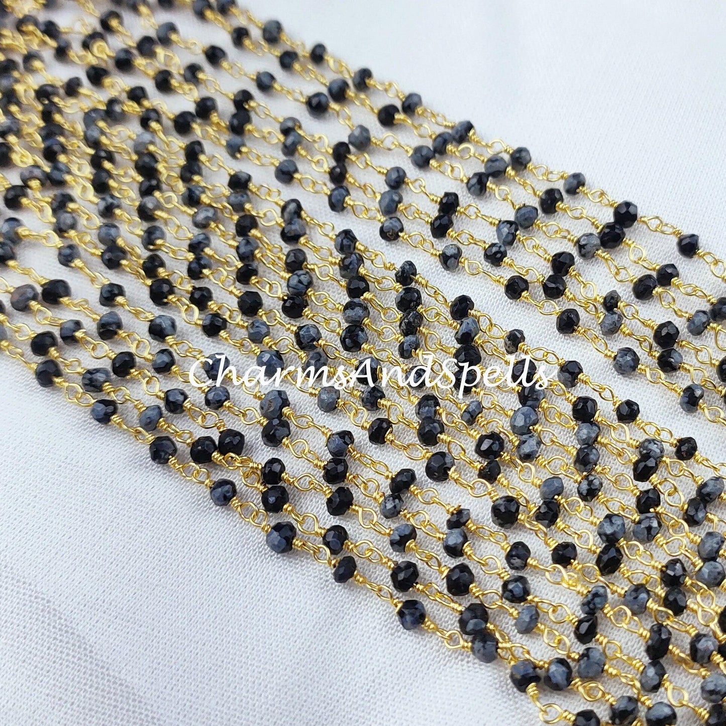 1 Feet Chain, Genuine Snow Flack Obsidian Rosary Chain, 14K Gold Plated Wire Wrap Chain, Rondelle Rosary, Rosary Chain For Making Jewelry - Charms And Spells