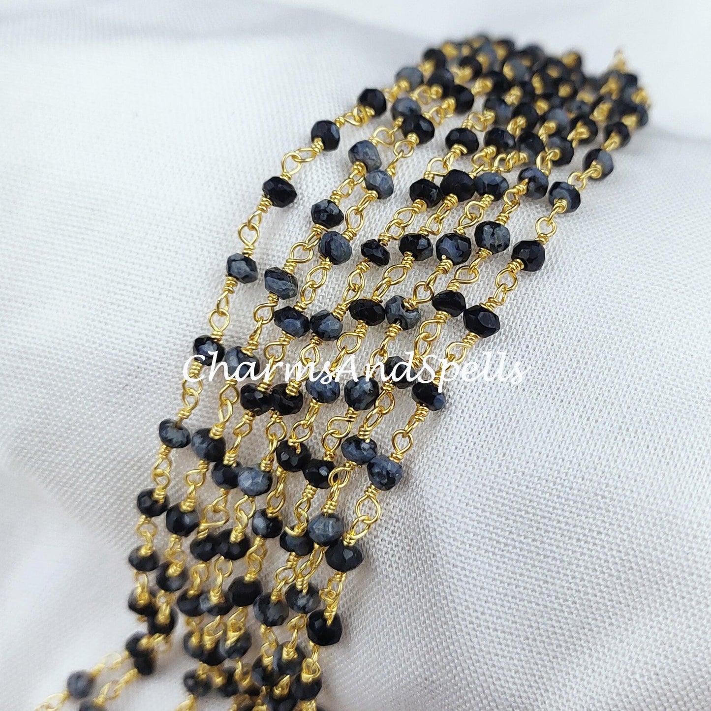 1 Feet Chain, Genuine Snow Flack Obsidian Rosary Chain, 14K Gold Plated Wire Wrap Chain, Rondelle Rosary, Rosary Chain For Making Jewelry - Charms And Spells