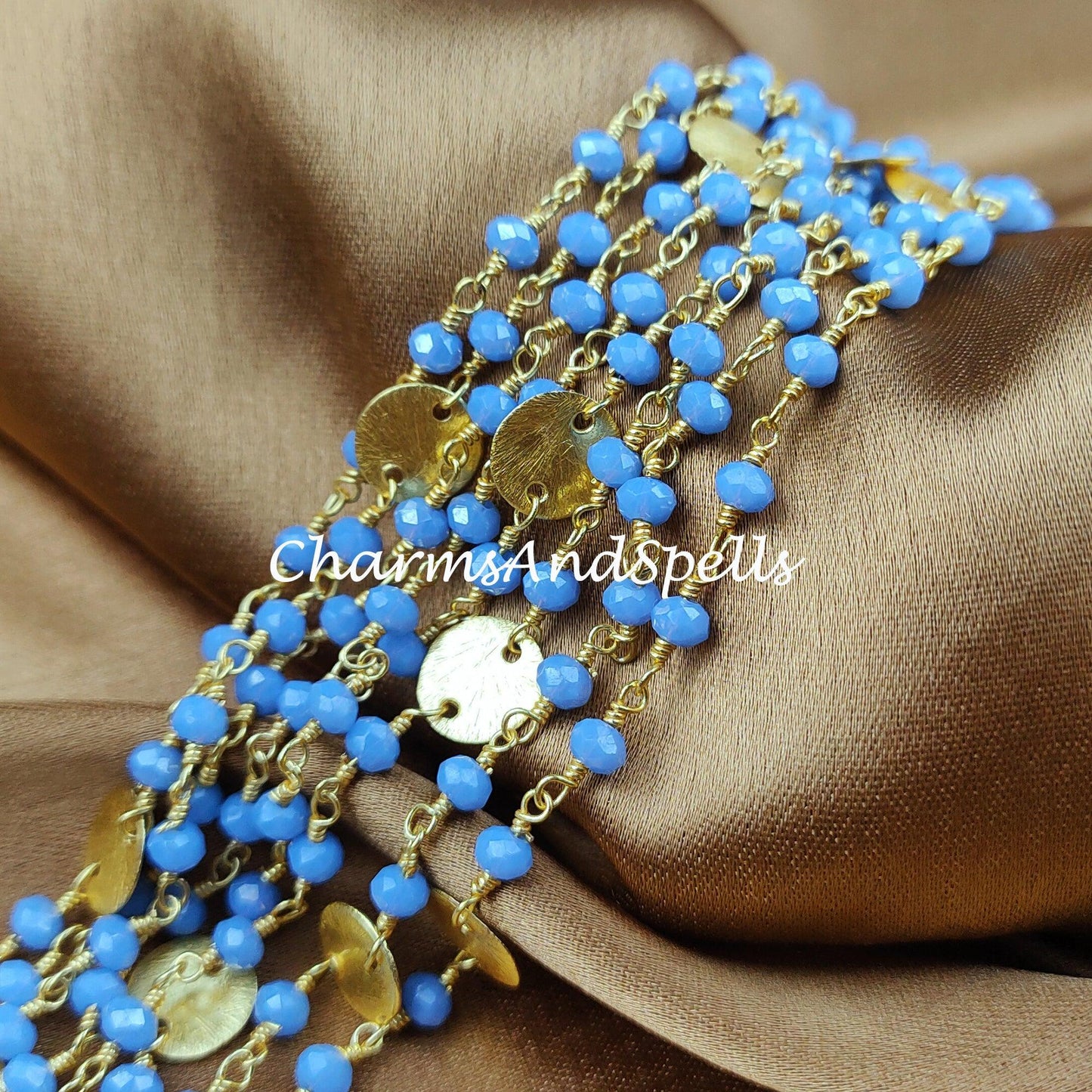 1 Feet Chain, Chalcedony Hydro Chains, Gold Plated Rosary Chain, Blue Gemstone Beaded Chain, Rondelle Beads Chain, DIY Rosary Chain, Jewelry Making - Charms And Spells