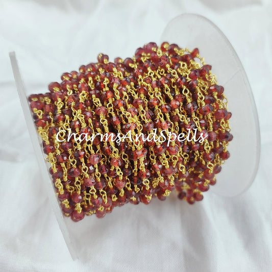 1 Feet Chain, 50%OFF Garnet Rosary Chain, Rondelle Beads Chain, Gold Plated Chain, Red Gemstone Jewelry Making Supply, 3-3.5mm Bead Size - Charms And Spells
