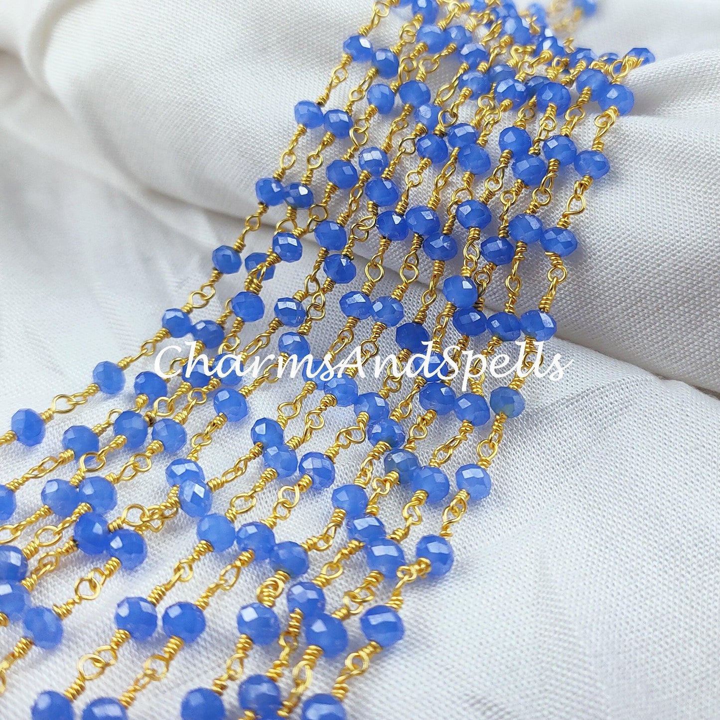 1 Feet Chain, Faceted Blue Chalcedony Rosary Chain, Rondelle Beads Chain, Gold Plated Chain, Jewelry Making, 3.5-4mm Bead Size Chain - Charms And Spells