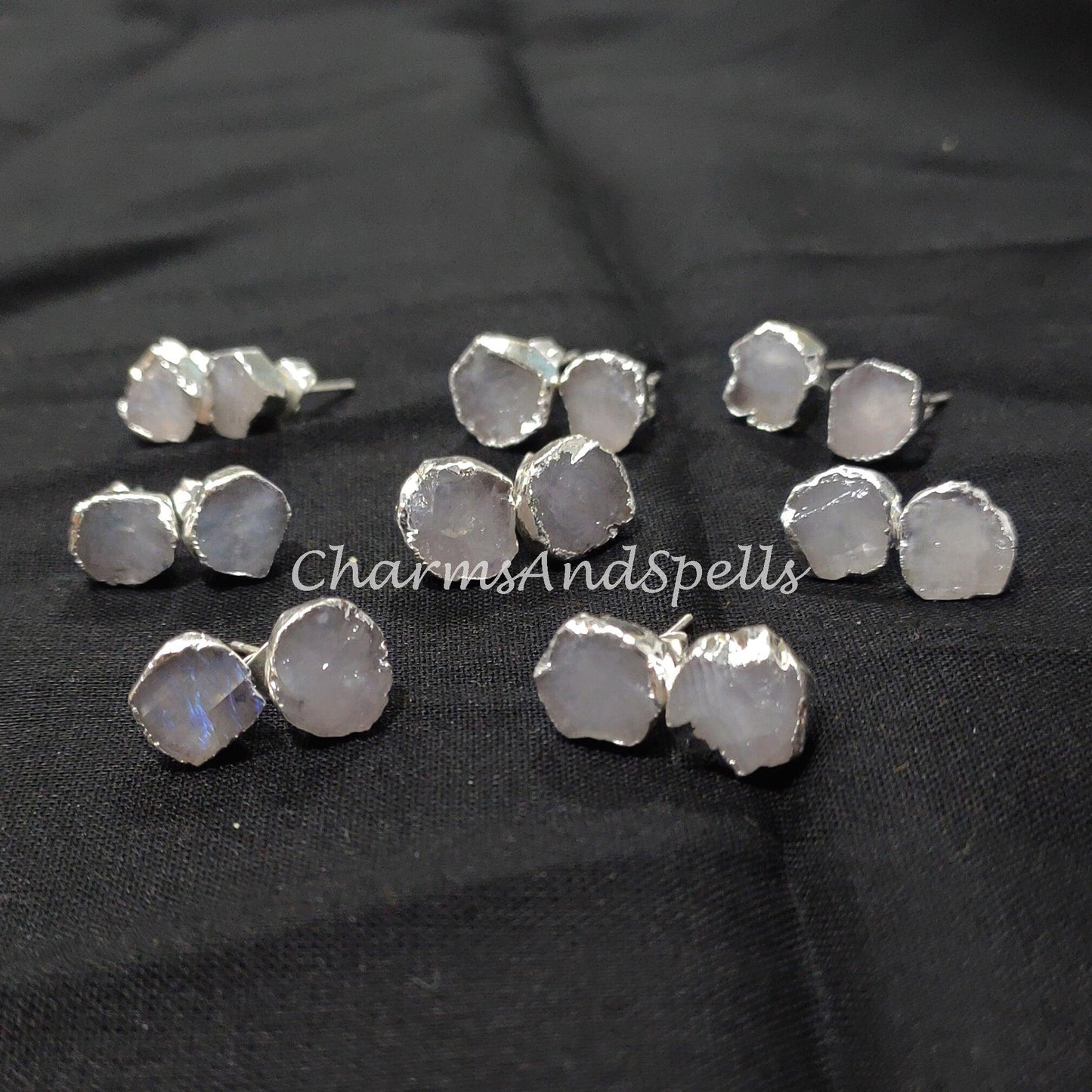 Raw Rainbow Moonstone Earrings, Moonstone Stud Earrings, Stone Earrings Stud, Moonstone Earrings, Quartz Plated Earrings - Charms And Spells