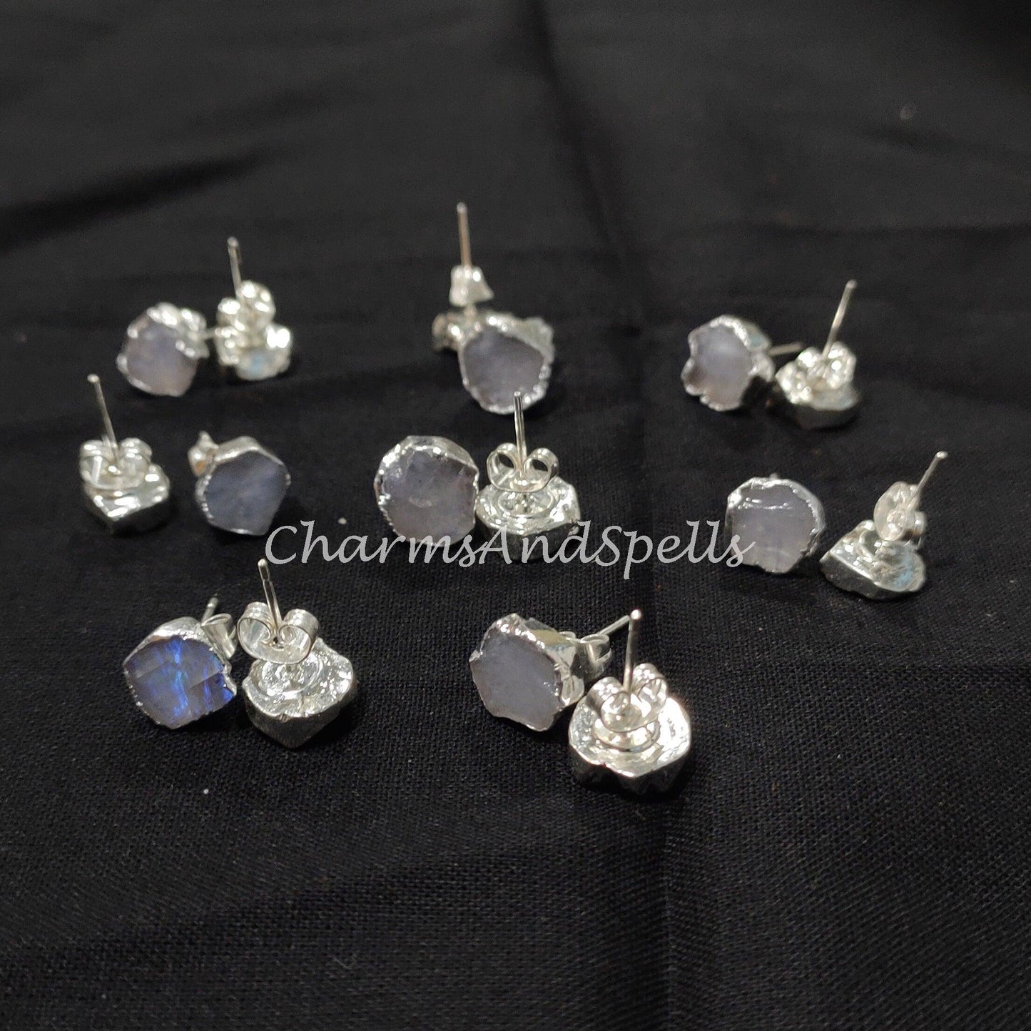 Raw Rainbow Moonstone Earrings, Moonstone Stud Earrings, Stone Earrings Stud, Moonstone Earrings, Quartz Plated Earrings - Charms And Spells