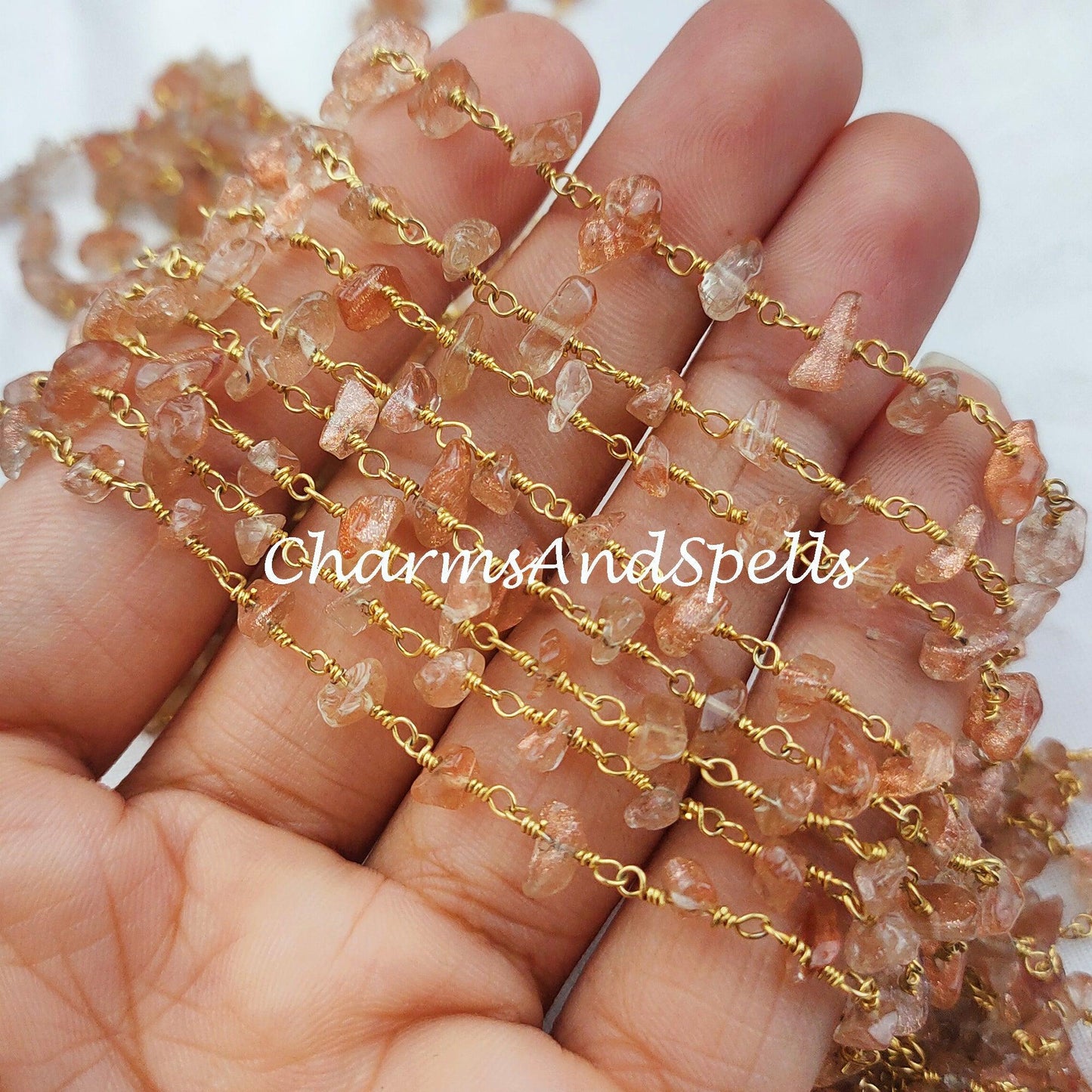 1 Feet Chain, Natural Sunstone Uncut Chain, Beads Chain, Uncut Chain, Jewelry Making Chain, Women Chain, Necklace Chain, DIY 14K Gold Plated Rosary - Charms And Spells