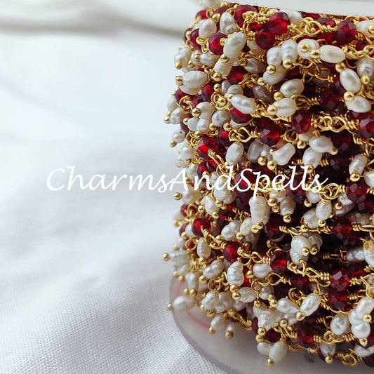 1 Feet Chain, 50% OFF Garnet Beaded Thick Rosary Chain, Pearl Beaded Gold Plated Chain, Pearl Jewelry Findings, 3-3.5 Rosary Chain Rolls - Charms And Spells