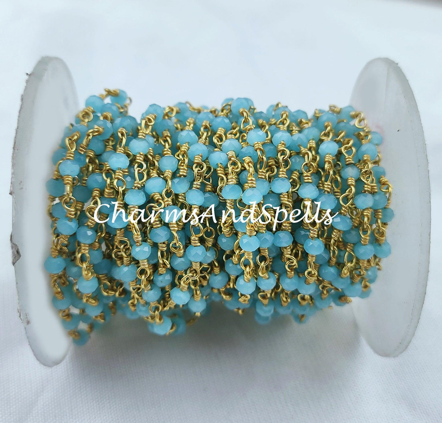 1 Feet Chain, Blue Chalcedony Rosary Chain, Rondelle Beads Chain, Gold Plated Rosary, DIY Jewelry Making Supply, Bead Size 3-3.5mm, Body Chain - Charms And Spells