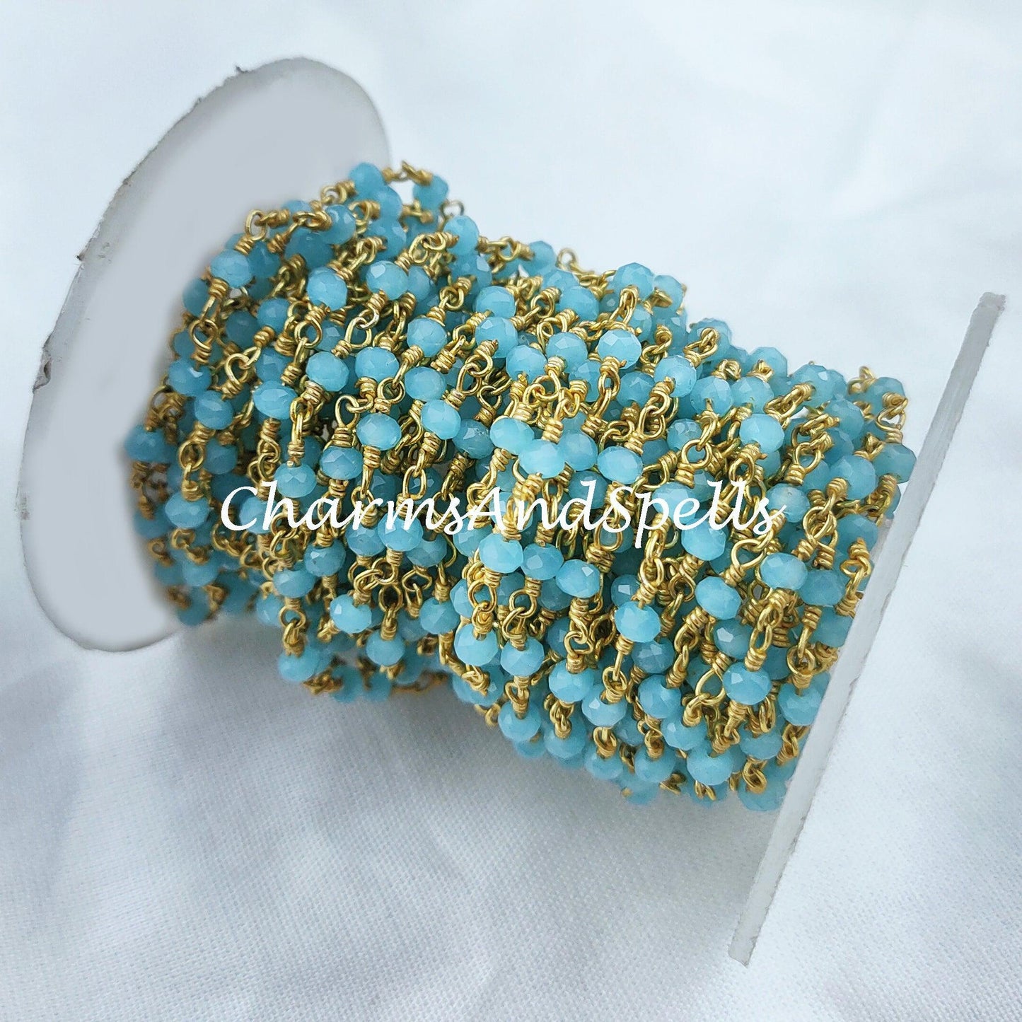 1 Feet Chain, Blue Chalcedony Rosary Chain, Rondelle Beads Chain, Gold Plated Rosary, DIY Jewelry Making Supply, Bead Size 3-3.5mm, Body Chain - Charms And Spells