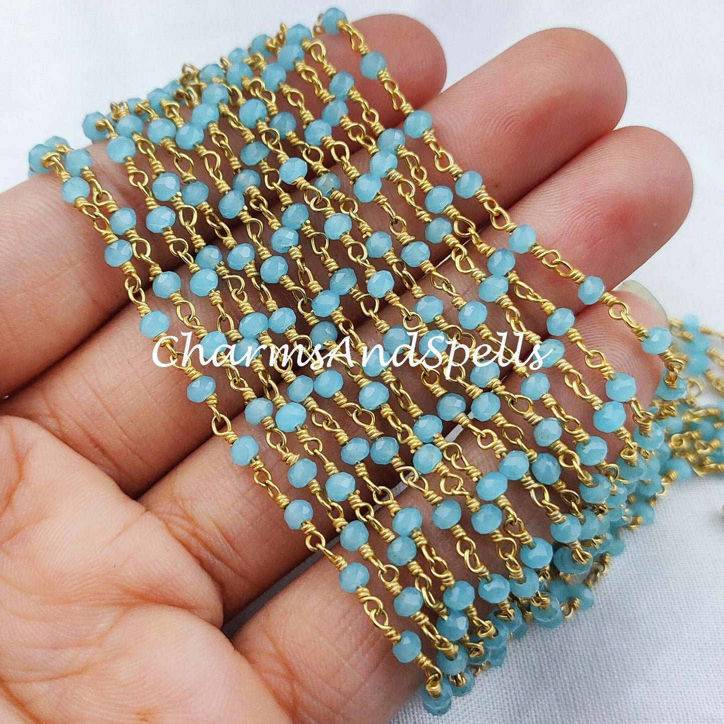 1 Feet Chain, Blue Chalcedony Rosary Chain, Rondelle Beads Chain, Gold Plated Rosary, DIY Jewelry Making Supply, Bead Size 3-3.5mm, Body Chain - Charms And Spells