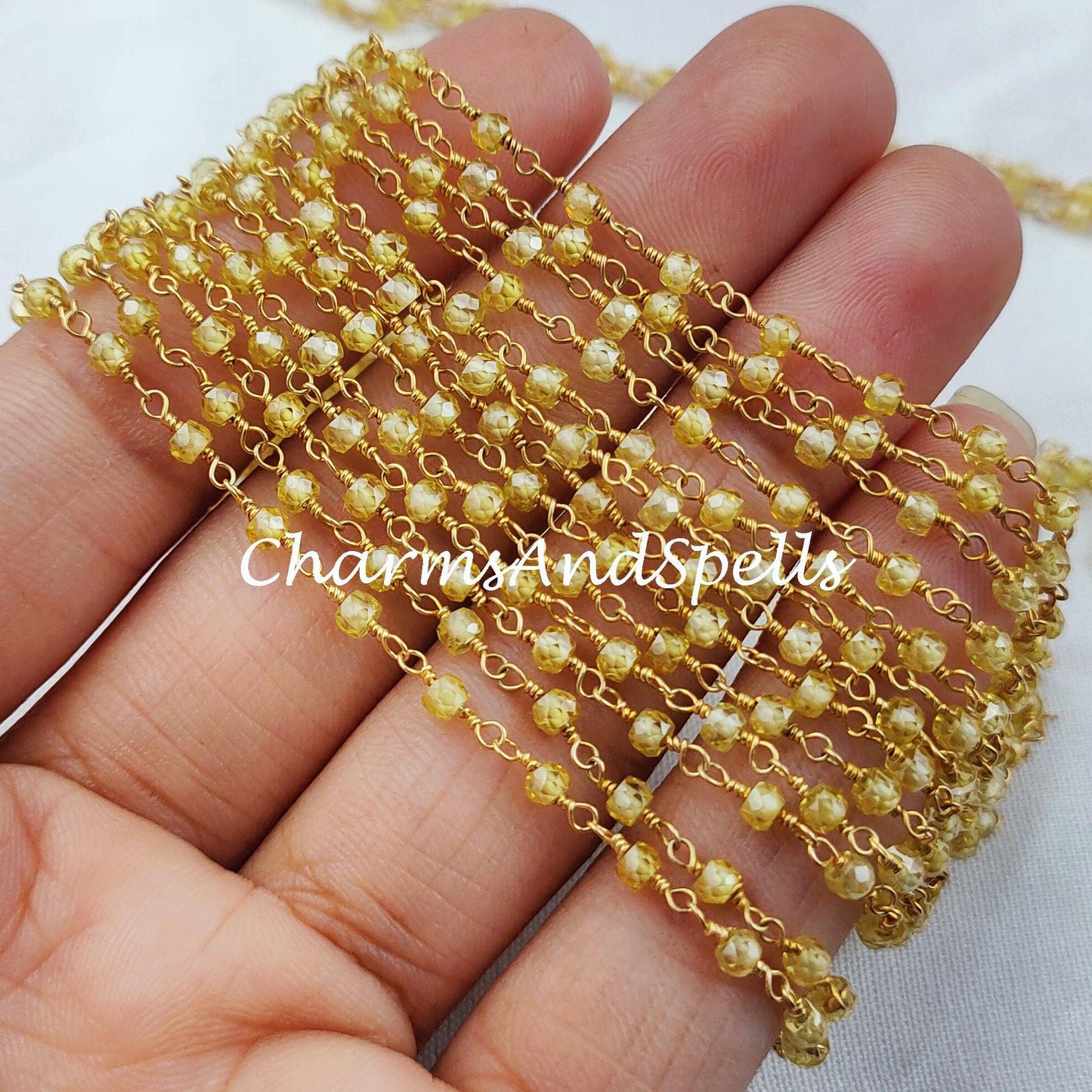 1 Feet Chain, Lemon Topaz Rosary Chain, Rondelle Beads Chain, Gold Plated Rosary, DIY Making Supply, Bead Size 2.5-3mm, Bally Chain - Charms And Spells