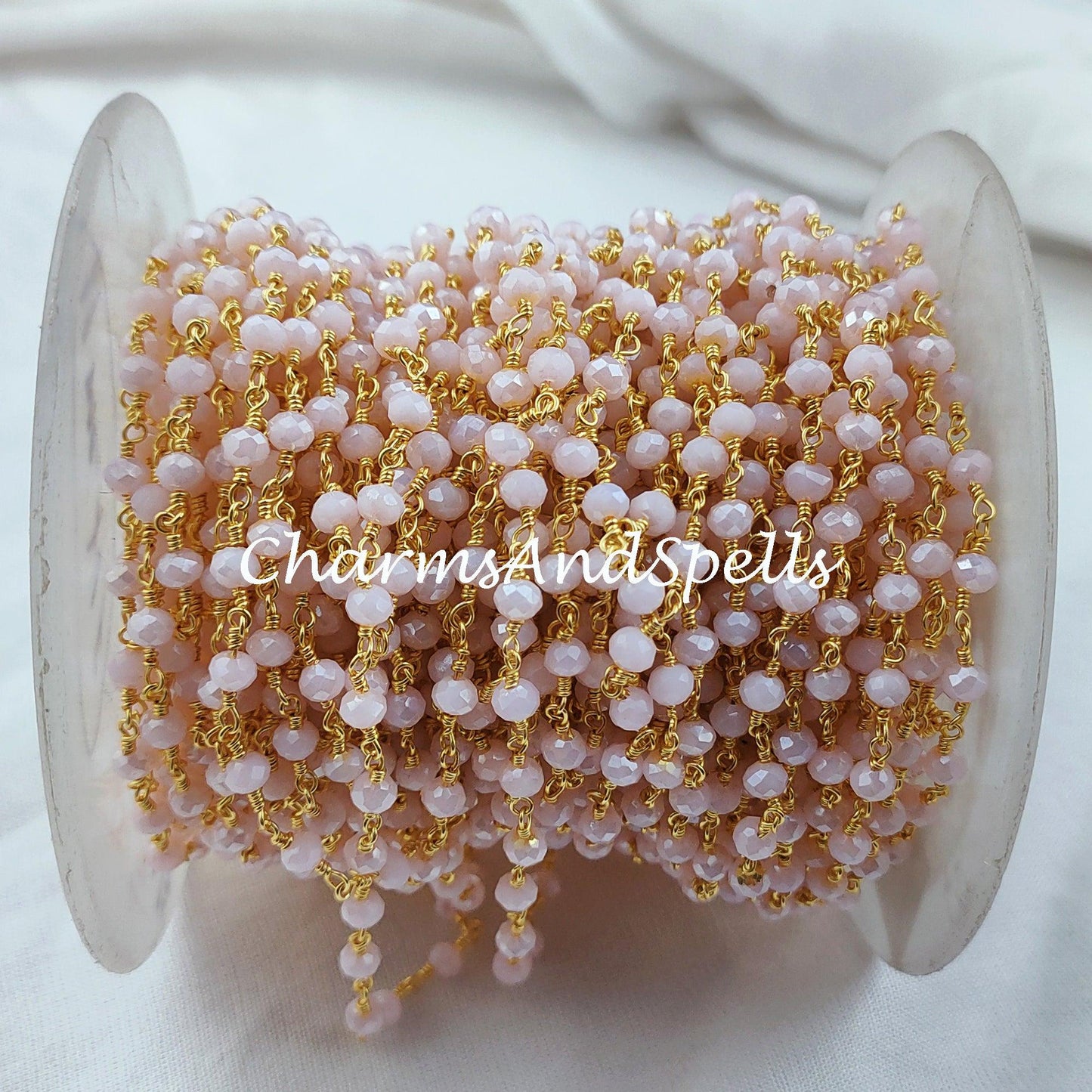 1 Feet Chain, Coated Pink Chalcedony Rosary Chain, Rondelle Beads Chain, Gold Plated Chain, DIY Jewelry Making Supply,Pink Stone Chain - Charms And Spells