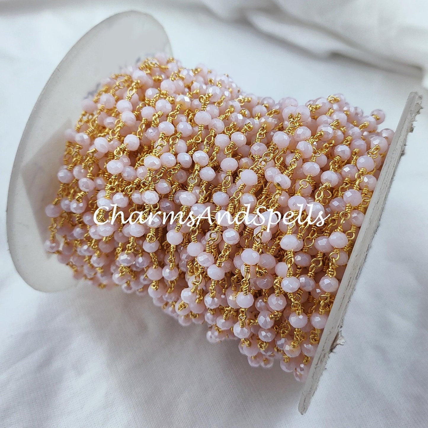 1 Feet Chain, Coated Pink Chalcedony Rosary Chain, Rondelle Beads Chain, Gold Plated Chain, DIY Jewelry Making Supply,Pink Stone Chain - Charms And Spells