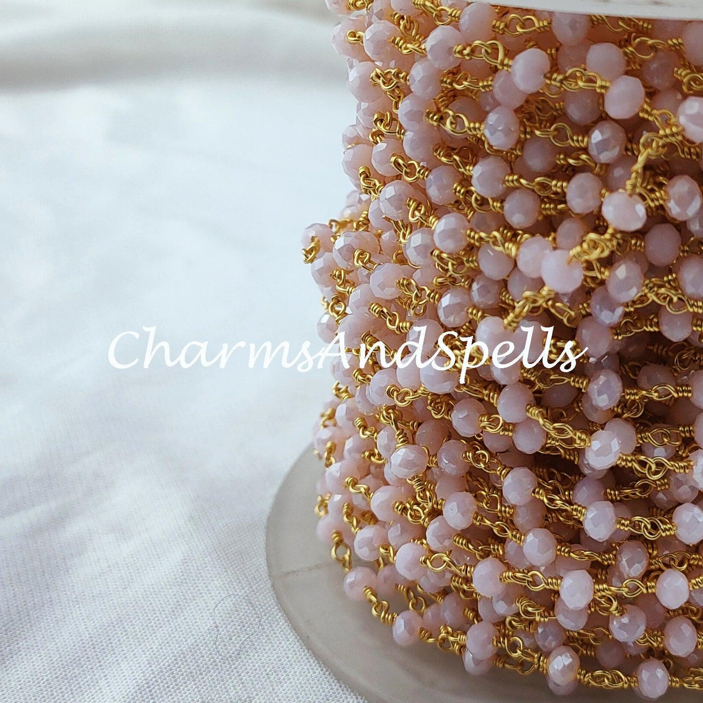 1 Feet Chain, Coated Pink Chalcedony Rosary Chain, Rondelle Beads Chain, Gold Plated Chain, DIY Jewelry Making Supply,Pink Stone Chain - Charms And Spells