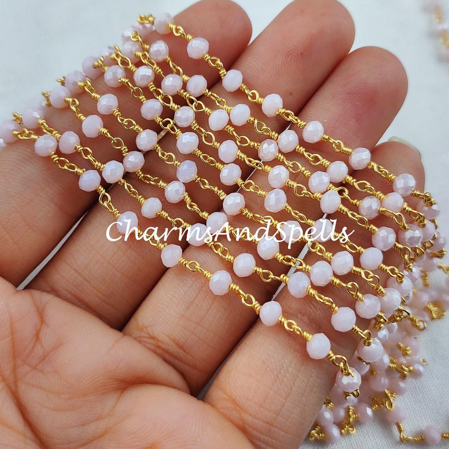 1 Feet Chain, Coated Pink Chalcedony Rosary Chain, Rondelle Beads Chain, Gold Plated Chain, DIY Jewelry Making Supply,Pink Stone Chain - Charms And Spells