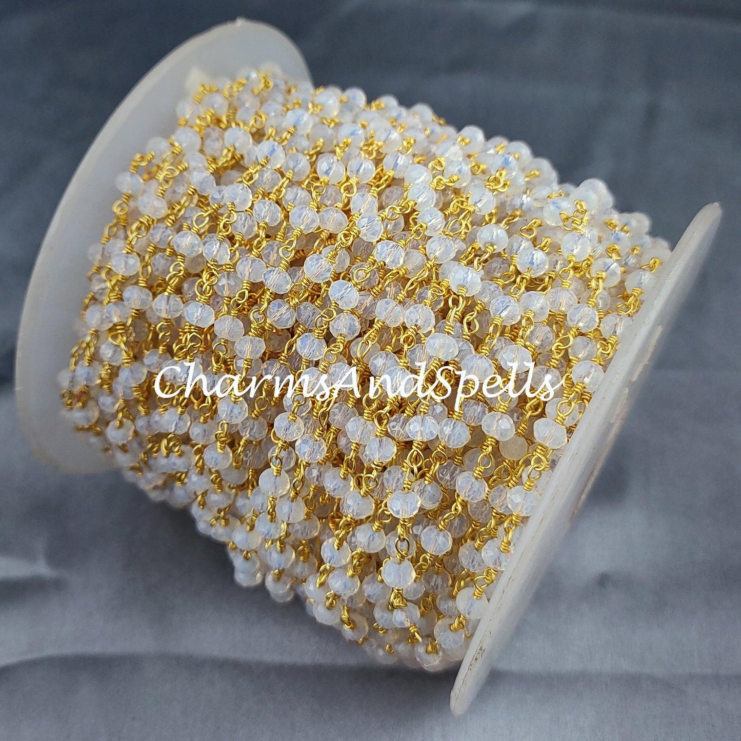 1 Feet Chain, Opalite Rondelle Rosary Chain, Rondelle Gemstone Beads, White Beaded Chain, Gold Plated Chain, DIY Necklace Chain, DIY Jewelry Making - Charms And Spells