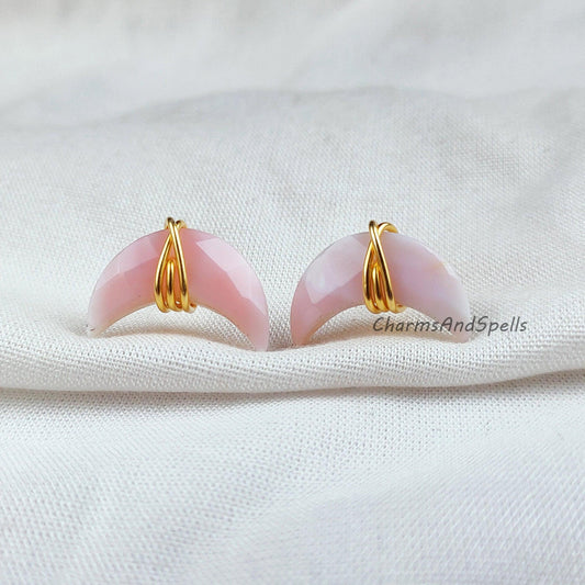 Pink Opal Stud Earrings, Dainty Earrings Stud, Moon Stud Earrings, Dainty Gemstone Earrings, Wholesale Suppliers - Charms And Spells