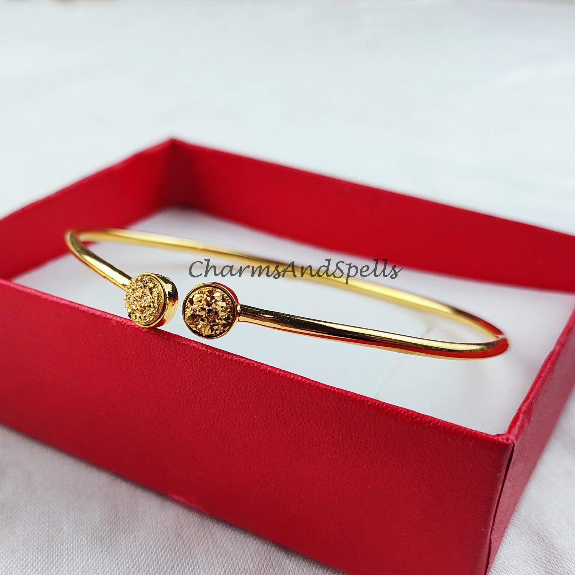 Natural golden Druzy bangle, gold plated bangle, 2 stone bangle, statement bangle, gift for women - Charms And Spells
