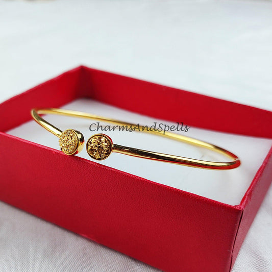Natural golden Druzy bangle, gold plated bangle, 2 stone bangle, statement bangle, gift for women - Charms And Spells