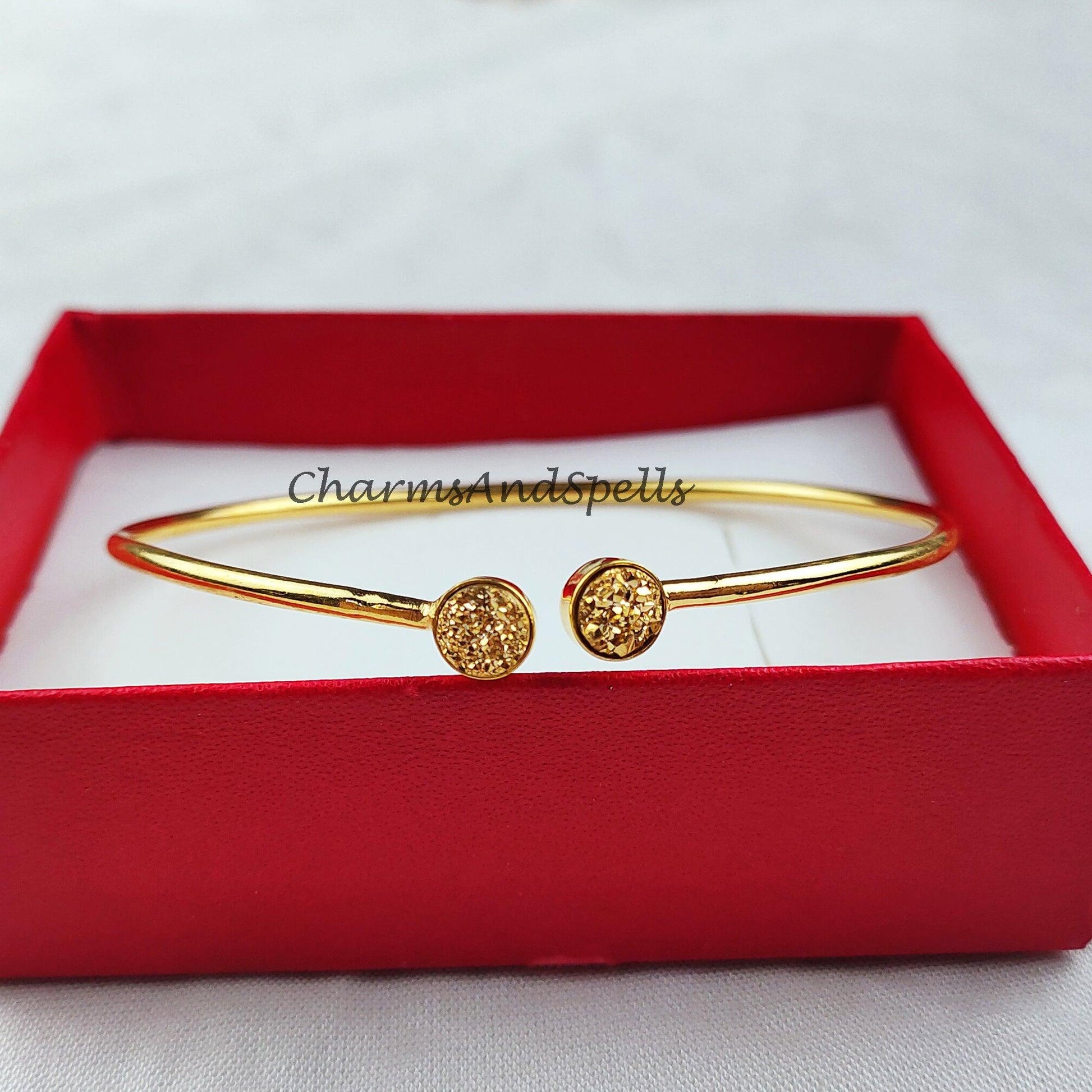 Natural golden Druzy bangle, gold plated bangle, 2 stone bangle, statement bangle, gift for women - Charms And Spells