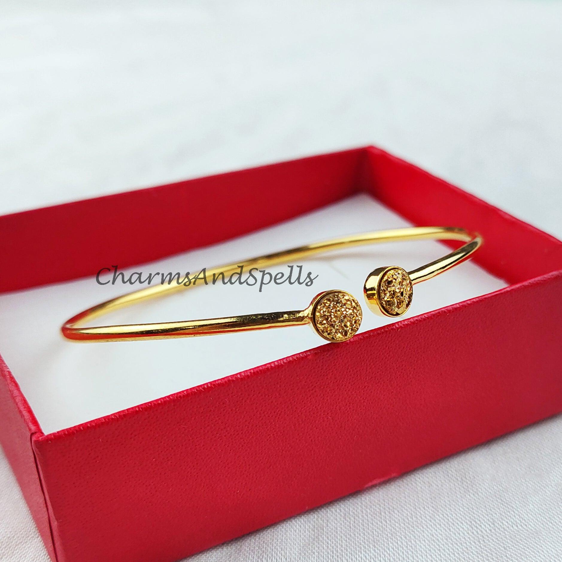 Natural golden Druzy bangle, gold plated bangle, 2 stone bangle, statement bangle, gift for women - Charms And Spells