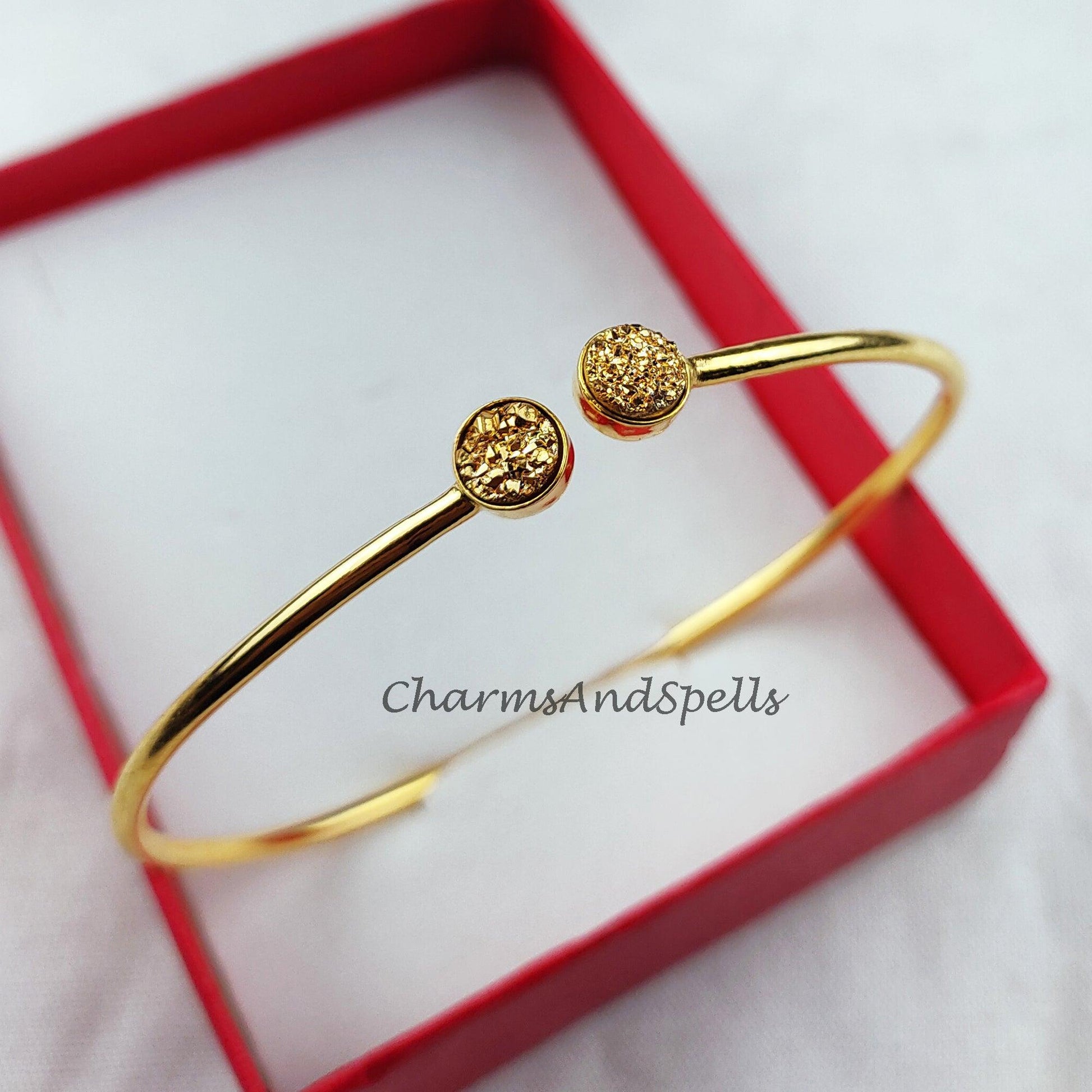 Natural golden Druzy bangle, gold plated bangle, 2 stone bangle, statement bangle, gift for women - Charms And Spells