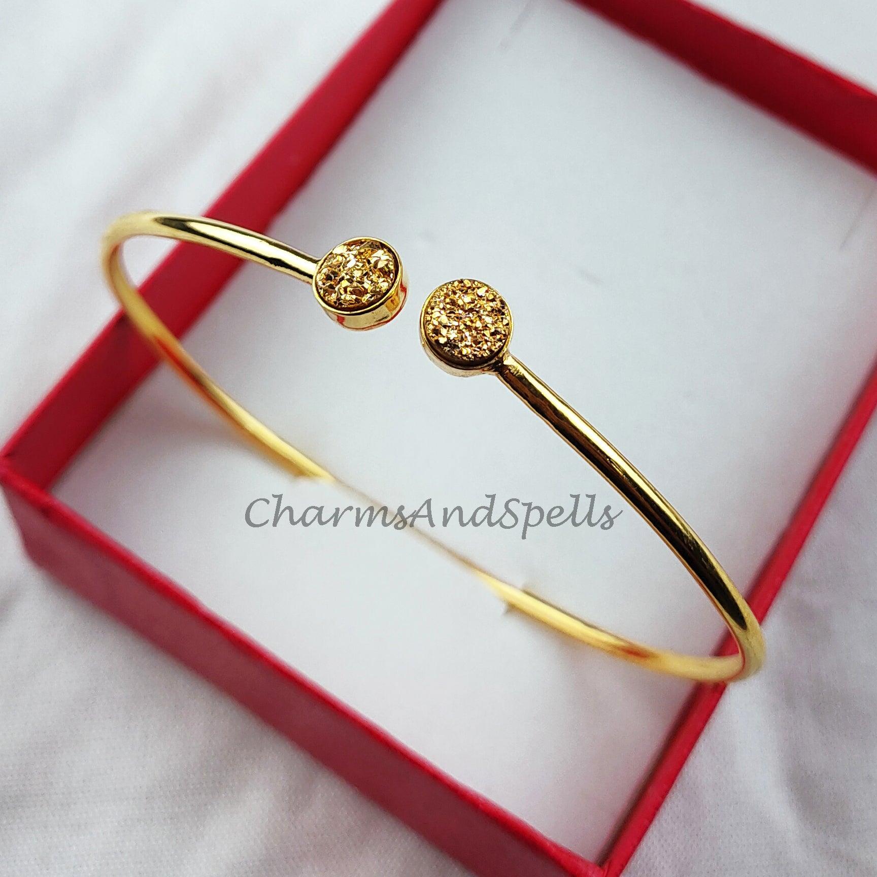Natural golden Druzy bangle, gold plated bangle, 2 stone bangle, statement bangle, gift for women - Charms And Spells