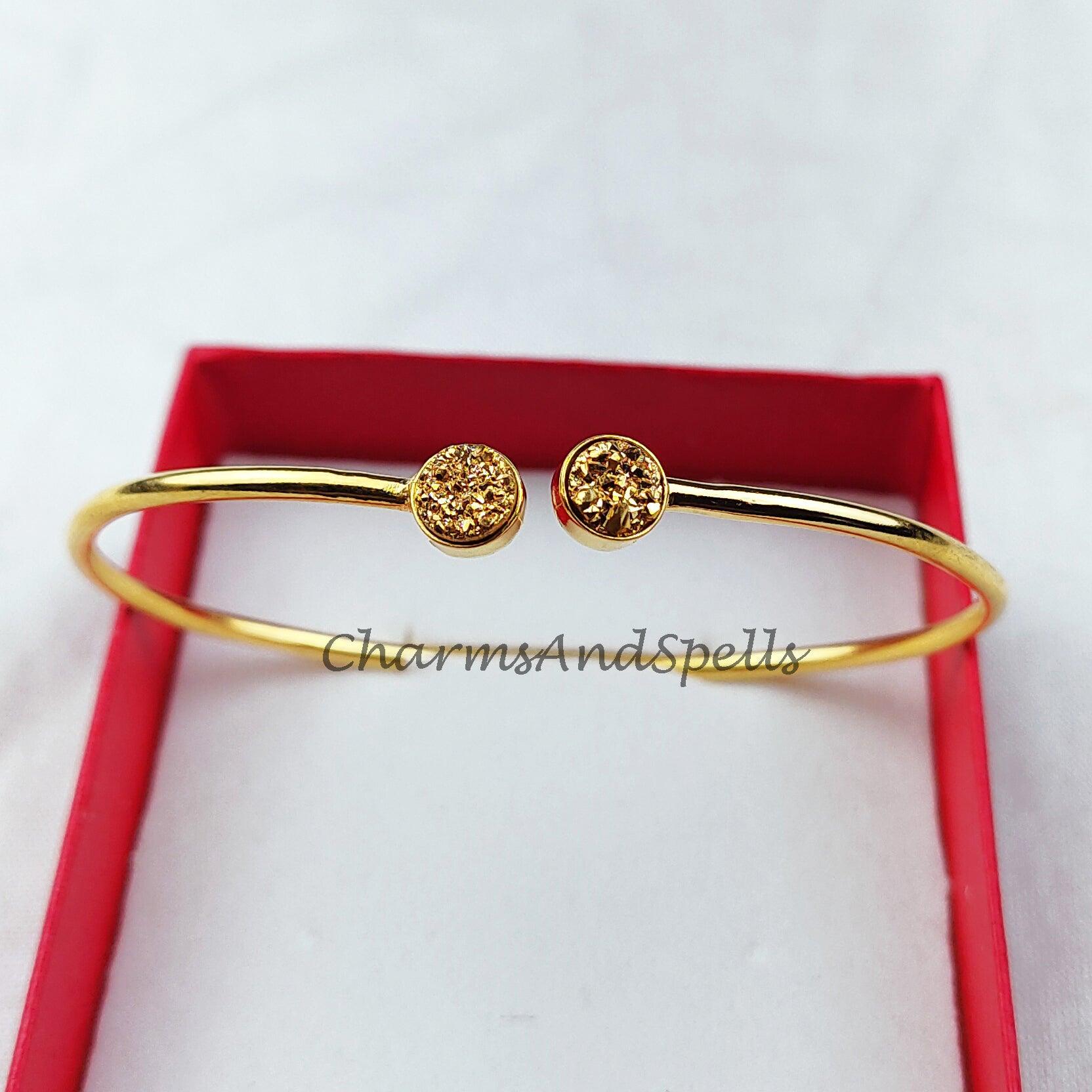 Natural golden Druzy bangle, gold plated bangle, 2 stone bangle, statement bangle, gift for women - Charms And Spells