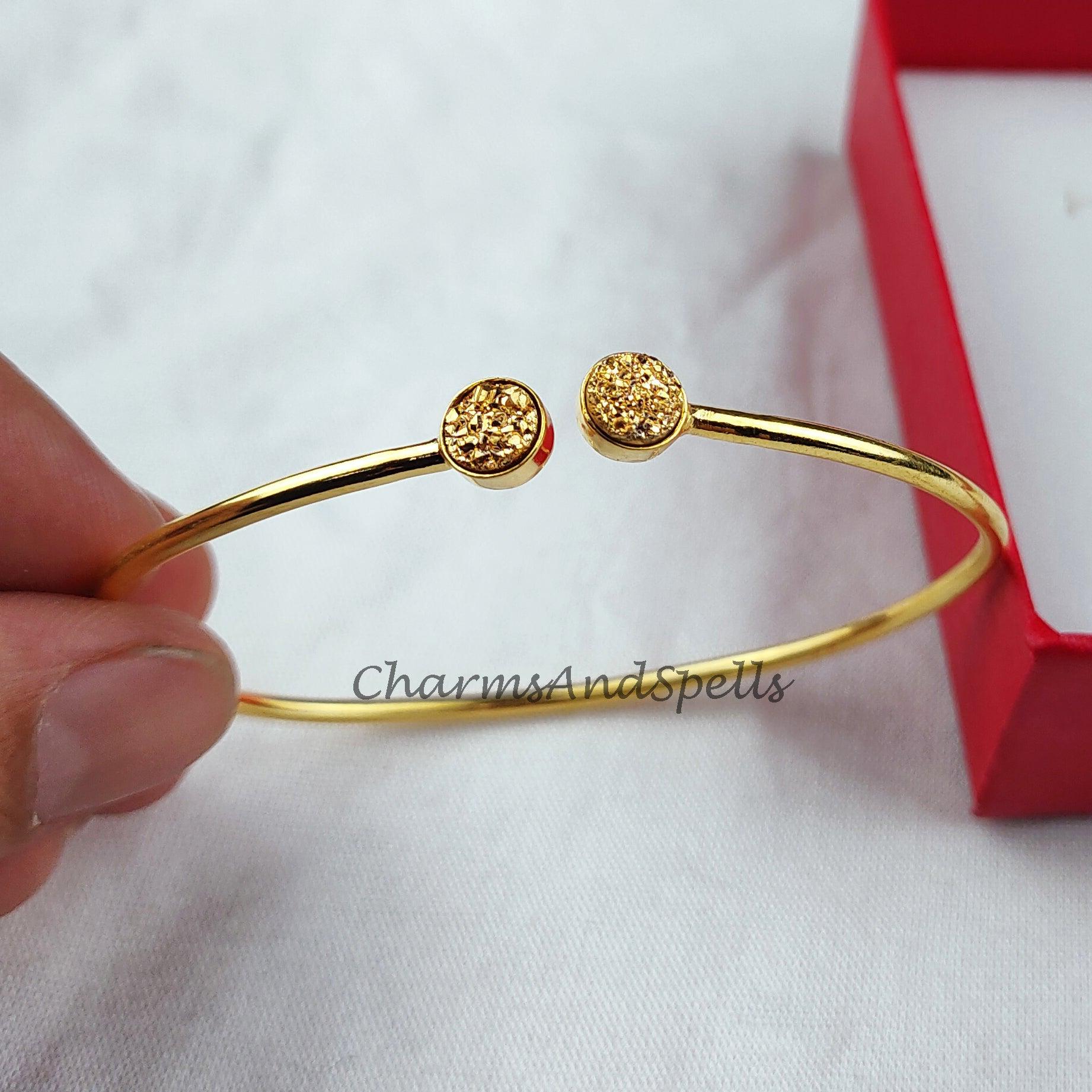 Natural golden Druzy bangle, gold plated bangle, 2 stone bangle, statement bangle, gift for women - Charms And Spells