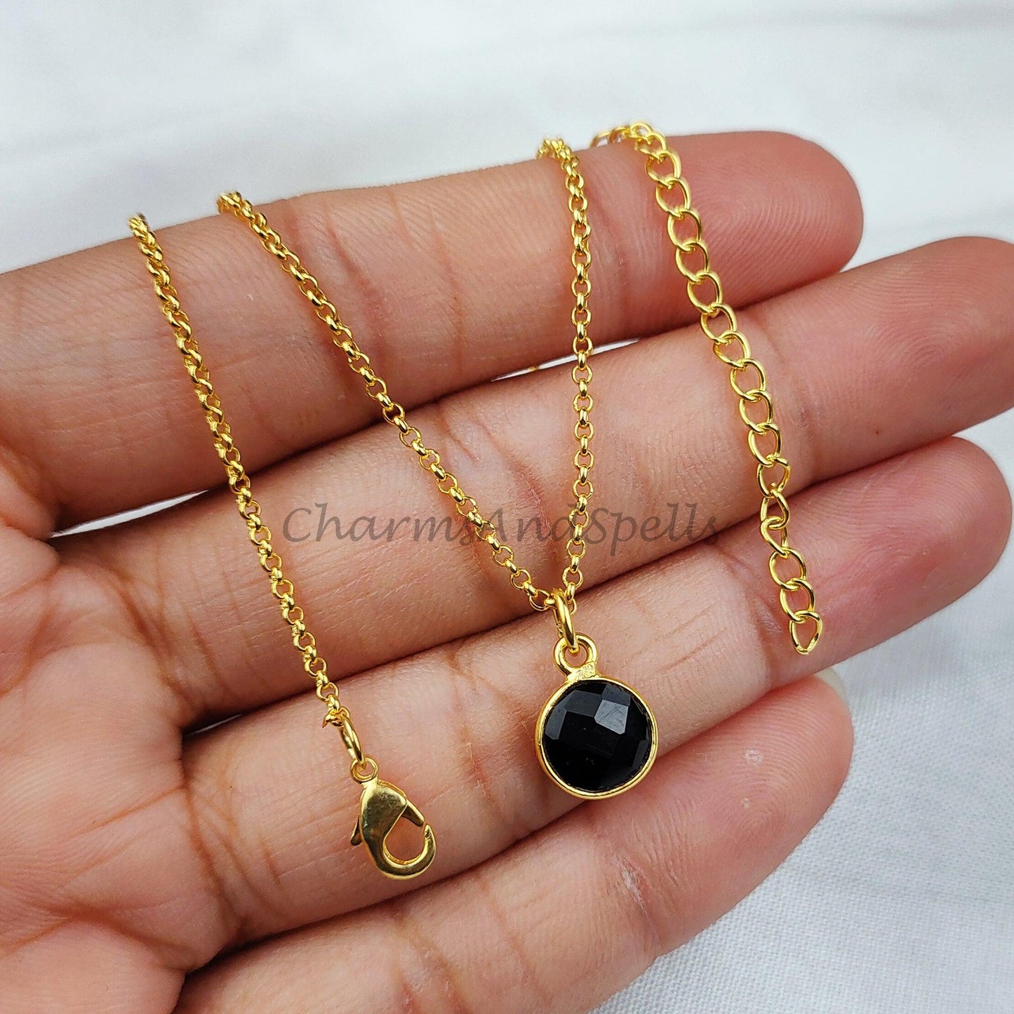 Black onyx circle necklace on 14k dainty gold plated chain, Jewelry gifts for Her, Black and gold jewelry, Minimalist necklace - Charms And Spells