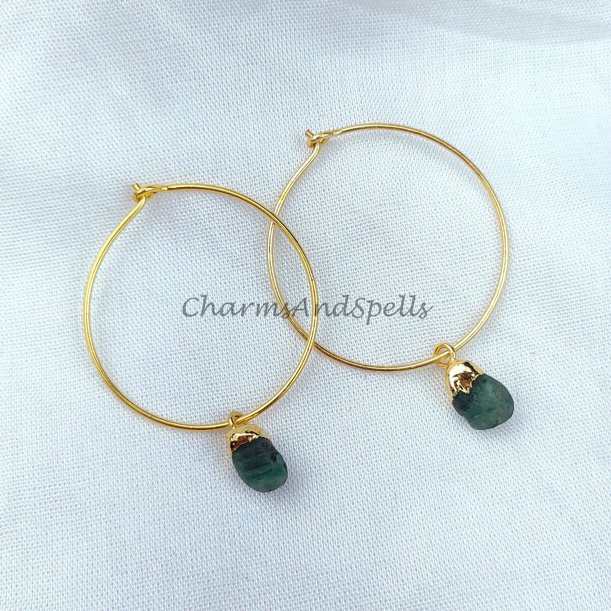 Raw Emerald Earrings, May Birthstone Earrings, Electroplated Jewelry Trends, Green Stone Earrings Dangle, Semi Precious - Charms And Spells