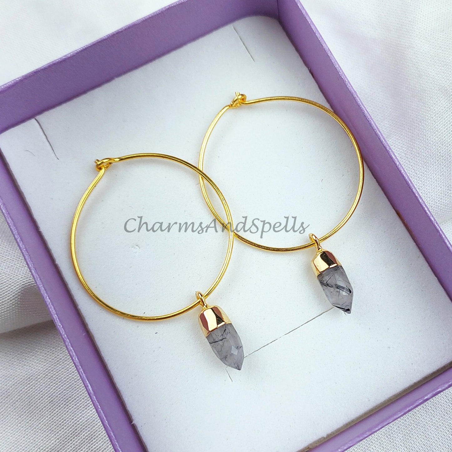 Black Rutile Earring, Pencil Earring, Gold Electroplated Earring, Gemstone Earring, Handmade Earring, Women Earring - Charms And Spells