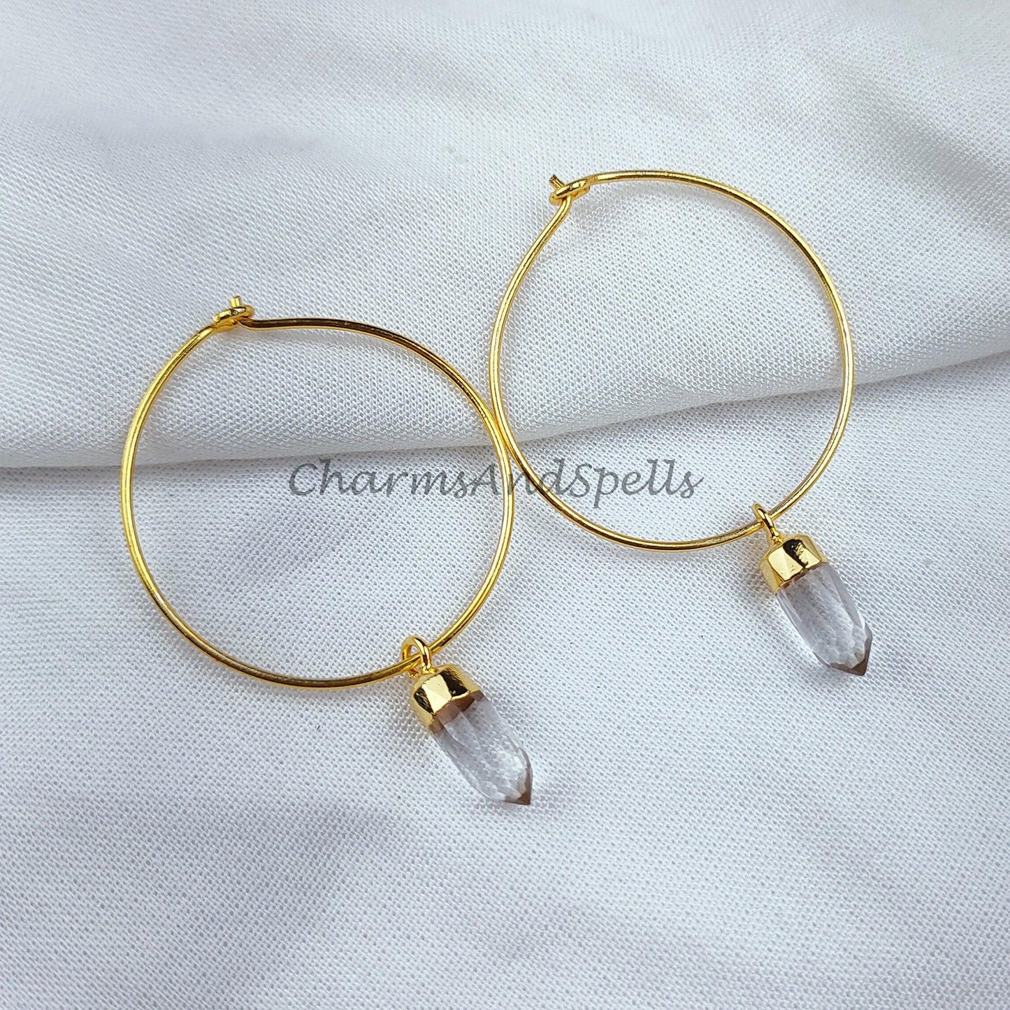 Raw white quartz crystal earrings, white crystal point earrings, white quartz electroplated earrings, women earring - Charms And Spells