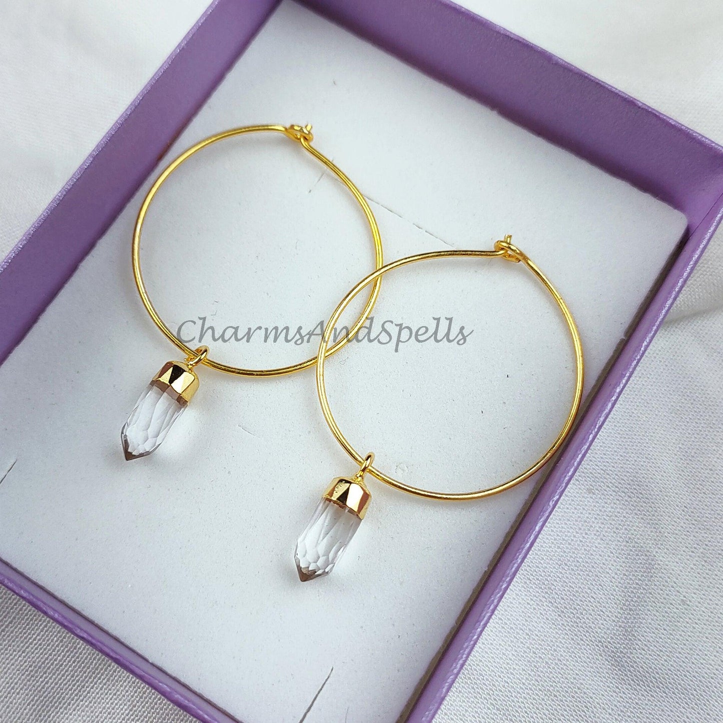 Raw white quartz crystal earrings, white crystal point earrings, white quartz electroplated earrings, women earring - Charms And Spells