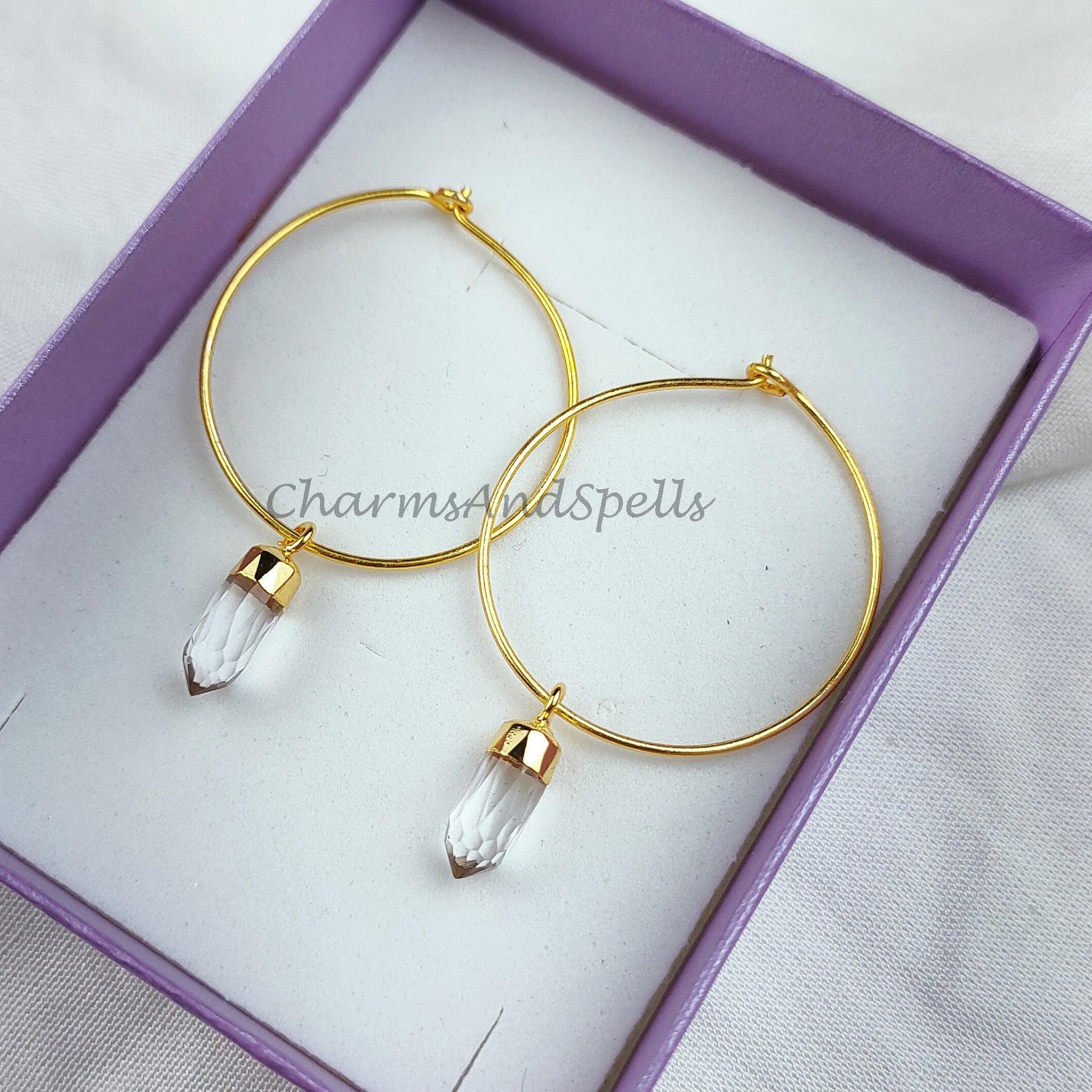 Raw white quartz crystal earrings, white crystal point earrings, white quartz electroplated earrings, women earring - Charms And Spells