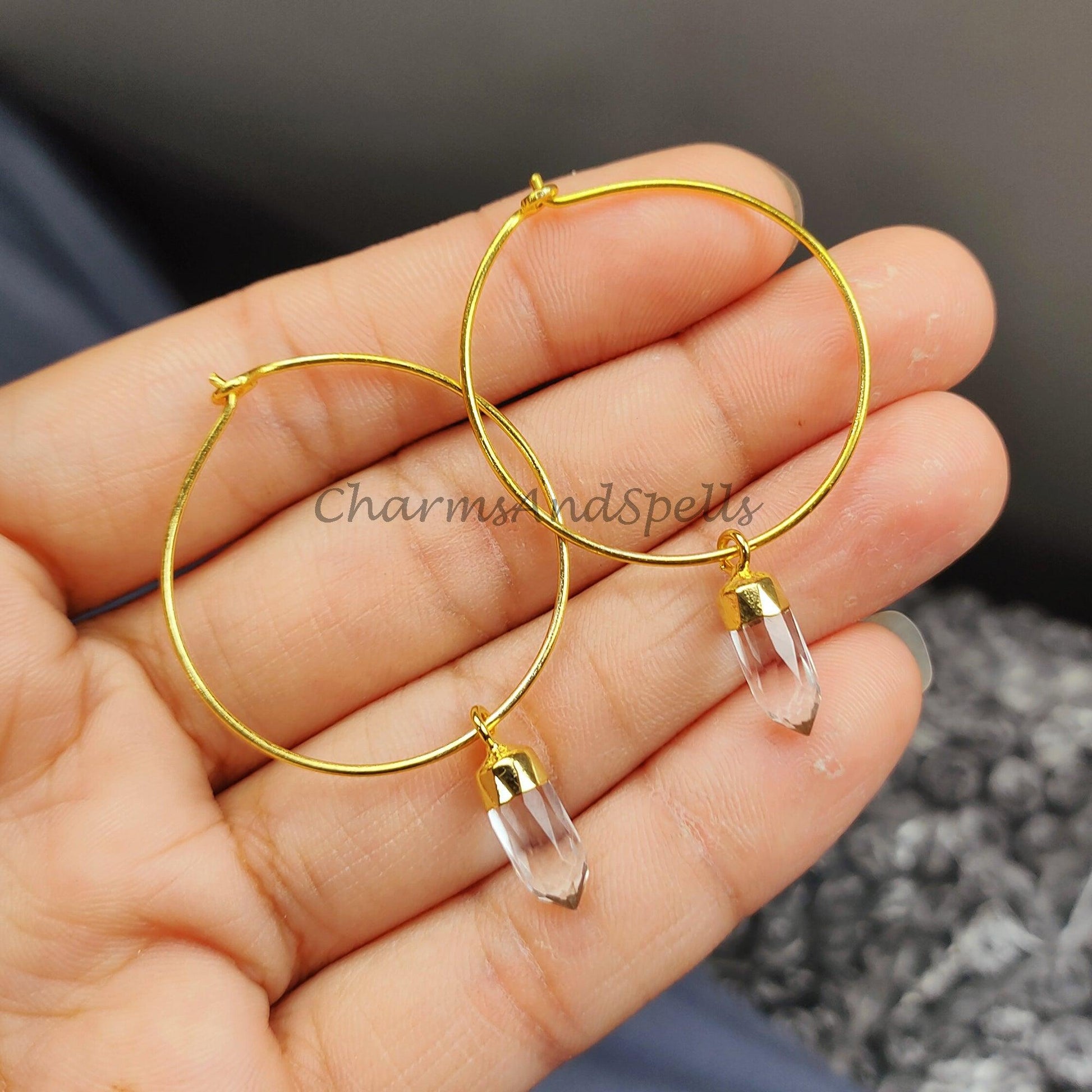 Raw white quartz crystal earrings, white crystal point earrings, white quartz electroplated earrings, women earring - Charms And Spells