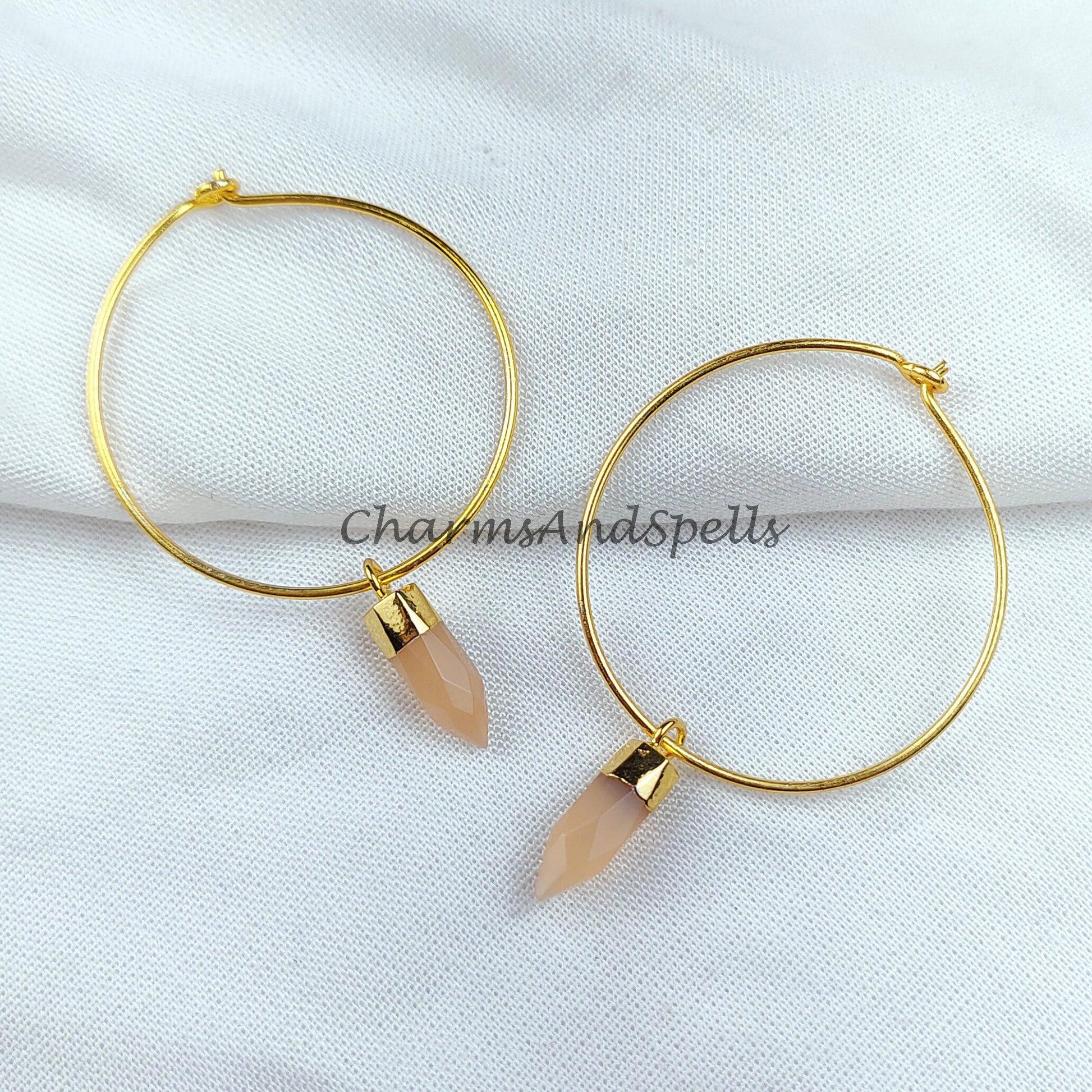 Peach moonstone Hoop earrings, bridesmaid gift, Pencil Earring, Gemstone Earring, Gold Electroplated Earring - Charms And Spells