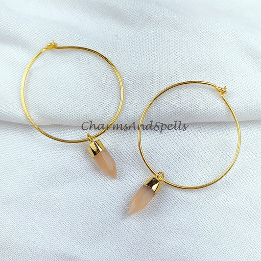 Peach moonstone Hoop earrings, bridesmaid gift, Pencil Earring, Gemstone Earring, Gold Electroplated Earring - Charms And Spells