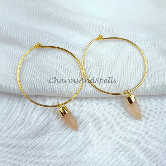 Peach moonstone Hoop earrings, bridesmaid gift, Pencil Earring, Gemstone Earring, Gold Electroplated Earring - Charms And Spells