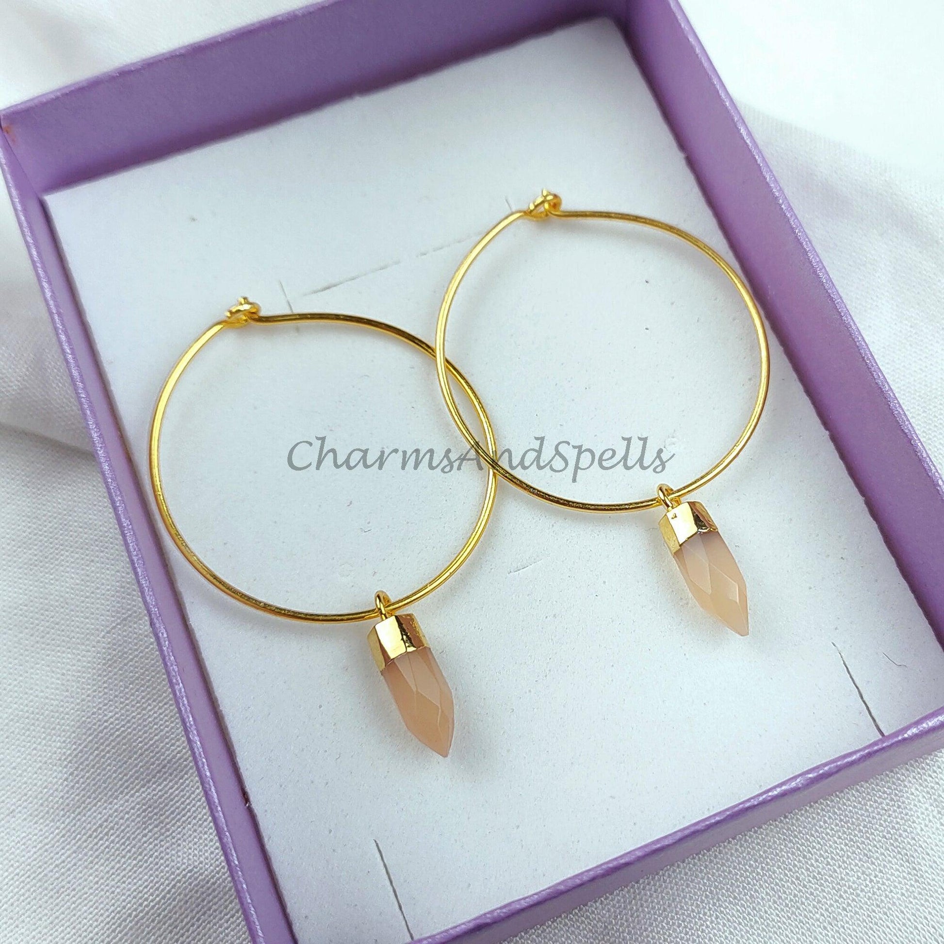 Peach moonstone Hoop earrings, bridesmaid gift, Pencil Earring, Gemstone Earring, Gold Electroplated Earring - Charms And Spells