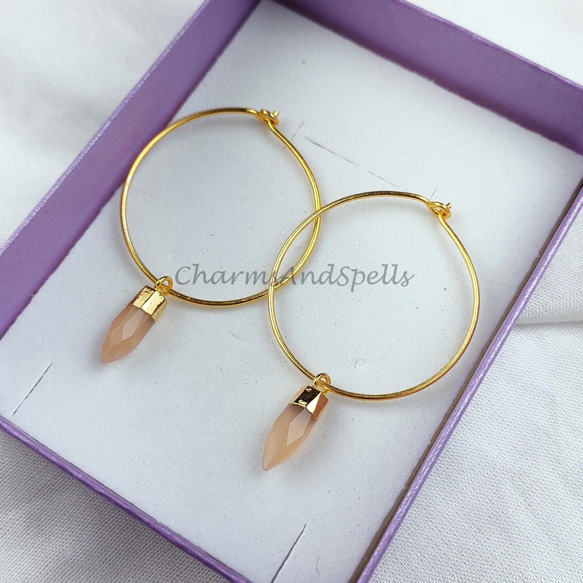 Peach moonstone Hoop earrings, bridesmaid gift, Pencil Earring, Gemstone Earring, Gold Electroplated Earring - Charms And Spells
