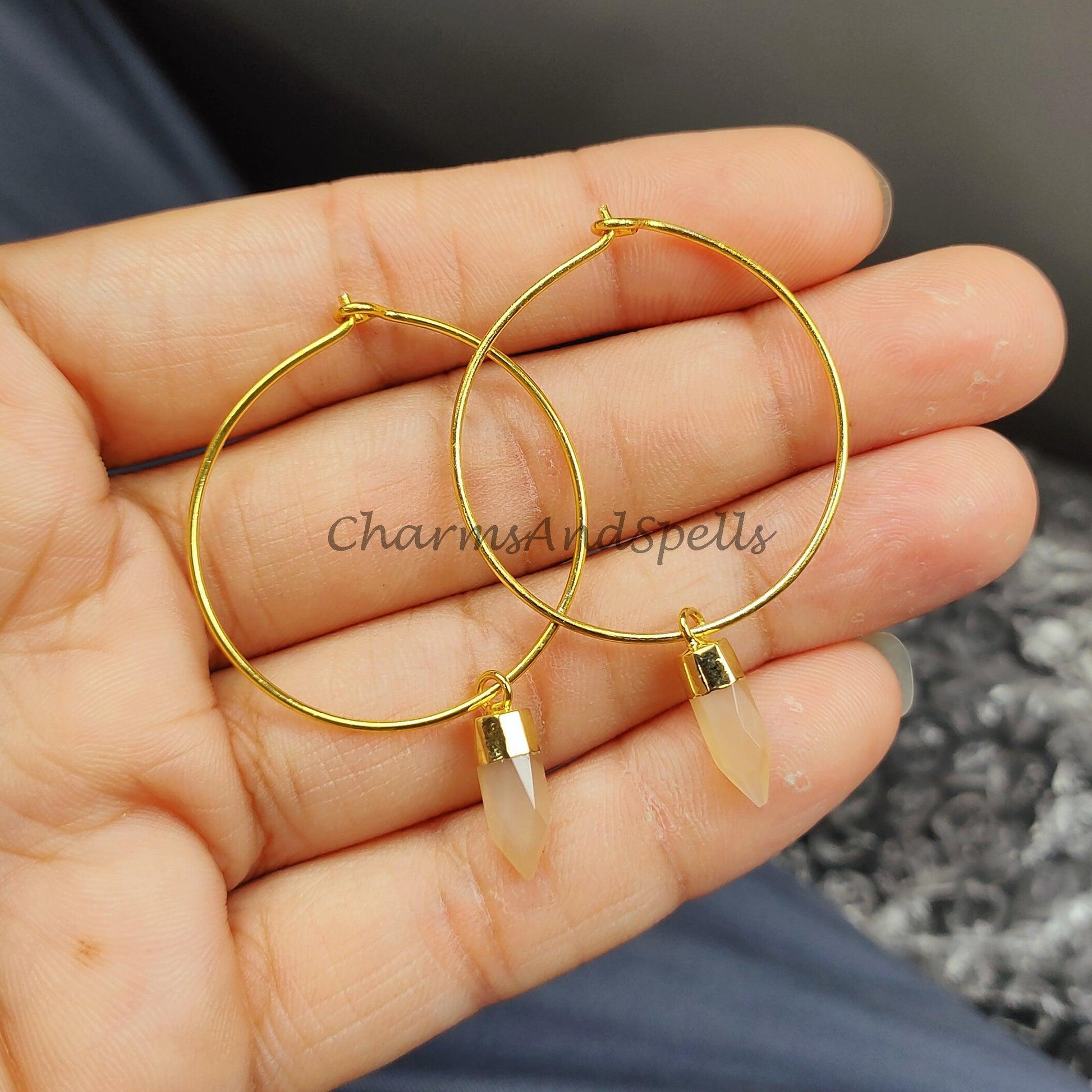 Peach moonstone Hoop earrings, bridesmaid gift, Pencil Earring, Gemstone Earring, Gold Electroplated Earring - Charms And Spells