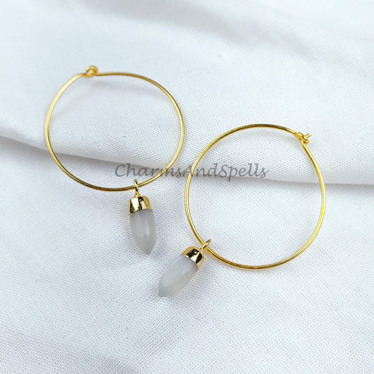 Moonstone Pencil Earring, Gemstone Earring, Hoop Earring, Gold Electroplated Earring, Pencil Earring - Charms And Spells