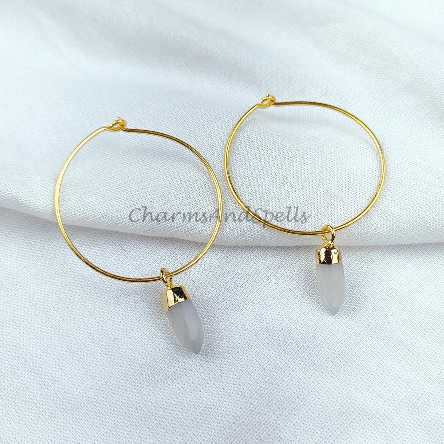 Moonstone Pencil Earring, Gemstone Earring, Hoop Earring, Gold Electroplated Earring, Pencil Earring - Charms And Spells