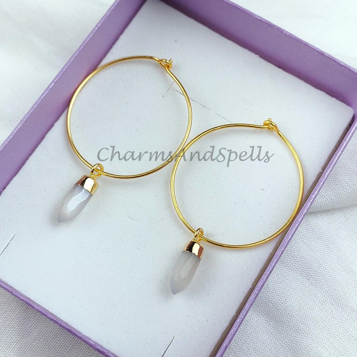 Moonstone Pencil Earring, Gemstone Earring, Hoop Earring, Gold Electroplated Earring, Pencil Earring - Charms And Spells