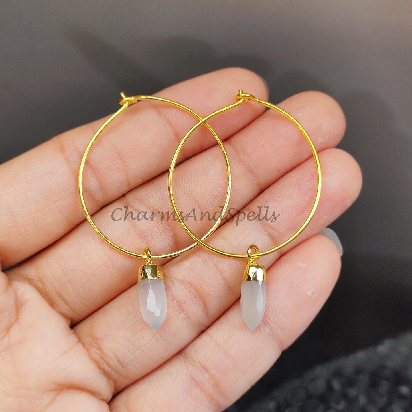 Moonstone Pencil Earring, Gemstone Earring, Hoop Earring, Gold Electroplated Earring, Pencil Earring - Charms And Spells