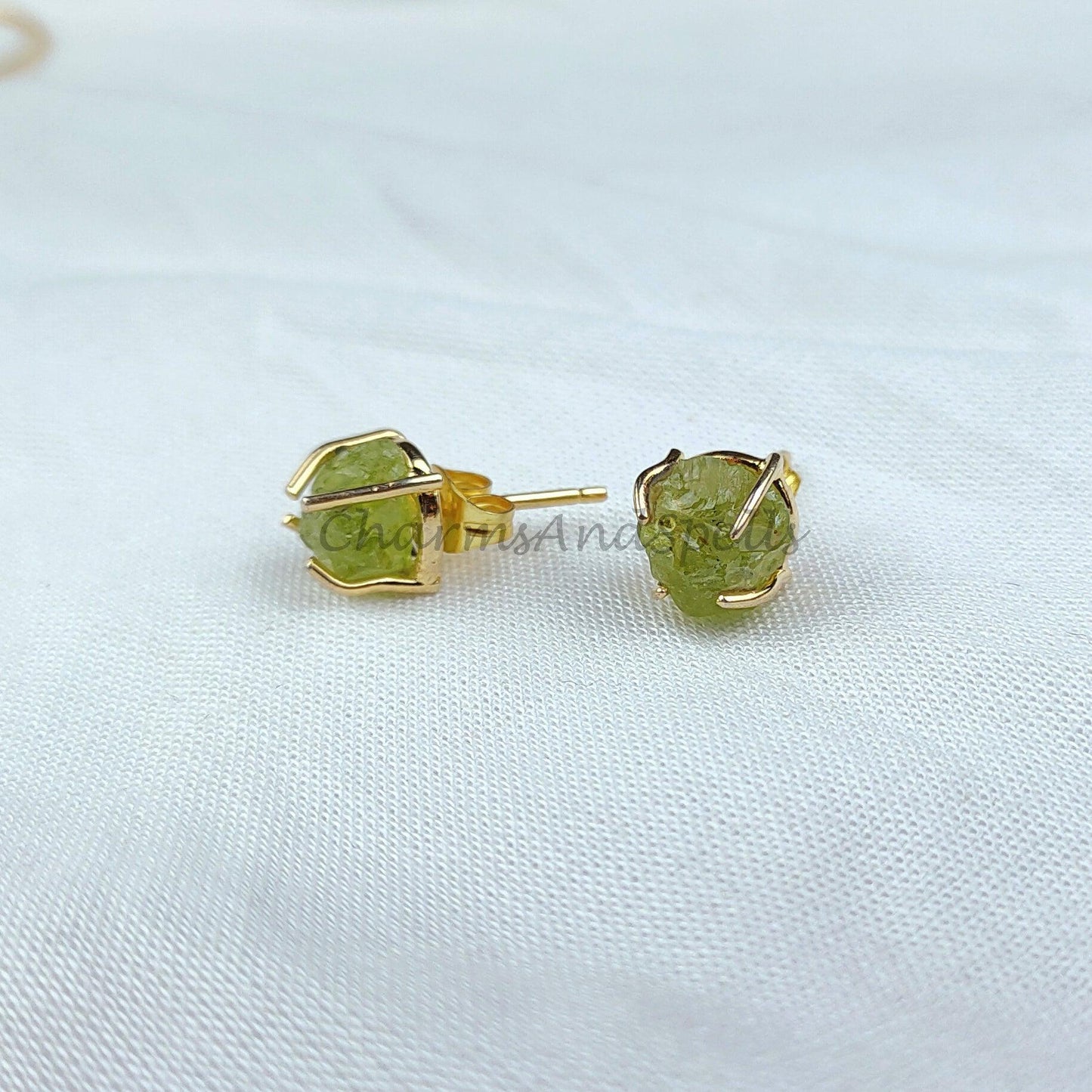 Raw peridot earrings, prong earrings, peridot stud earrings, august birthstone earrings, green gemstone, dainty studs - Charms And Spells