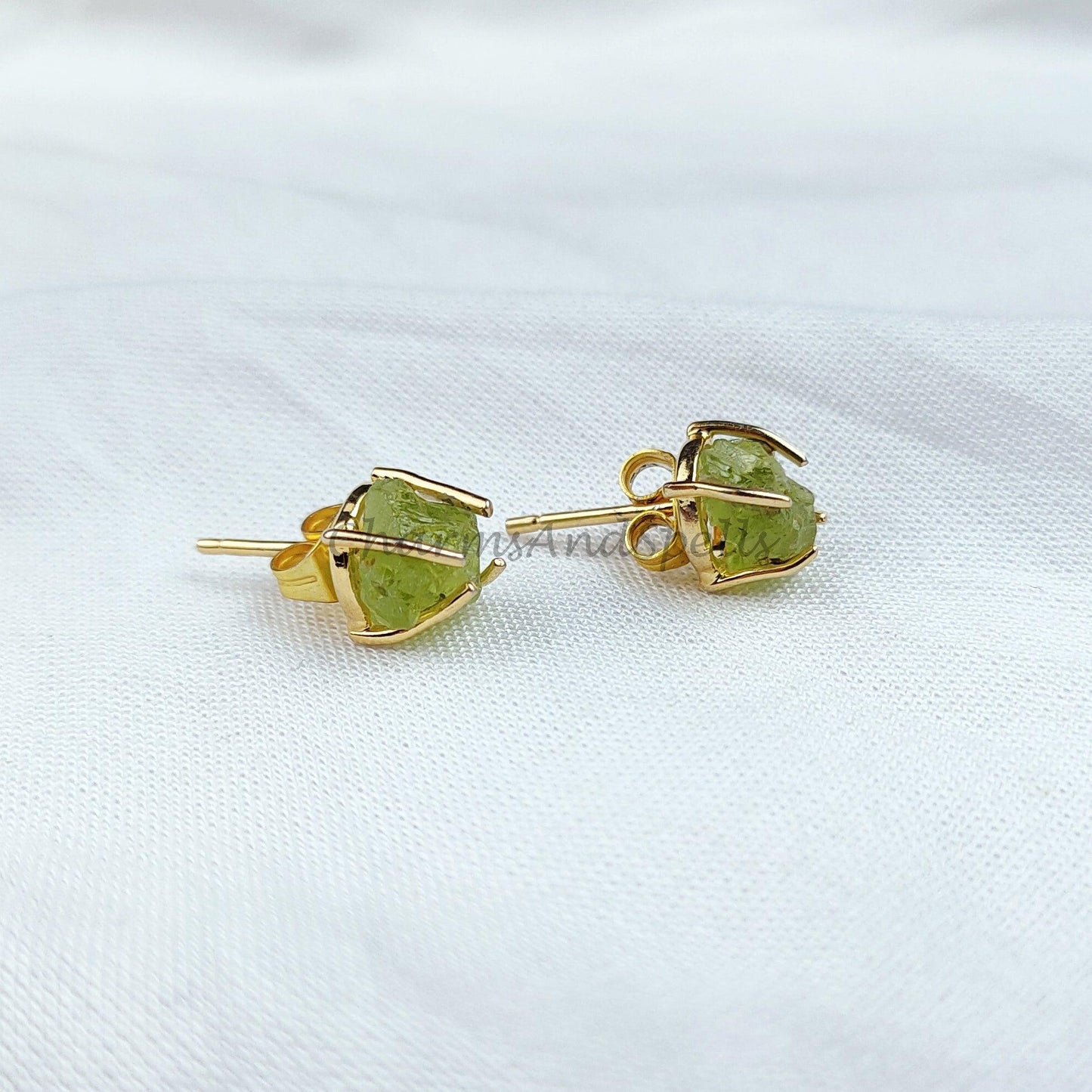 Raw peridot earrings, prong earrings, peridot stud earrings, august birthstone earrings, green gemstone, dainty studs - Charms And Spells