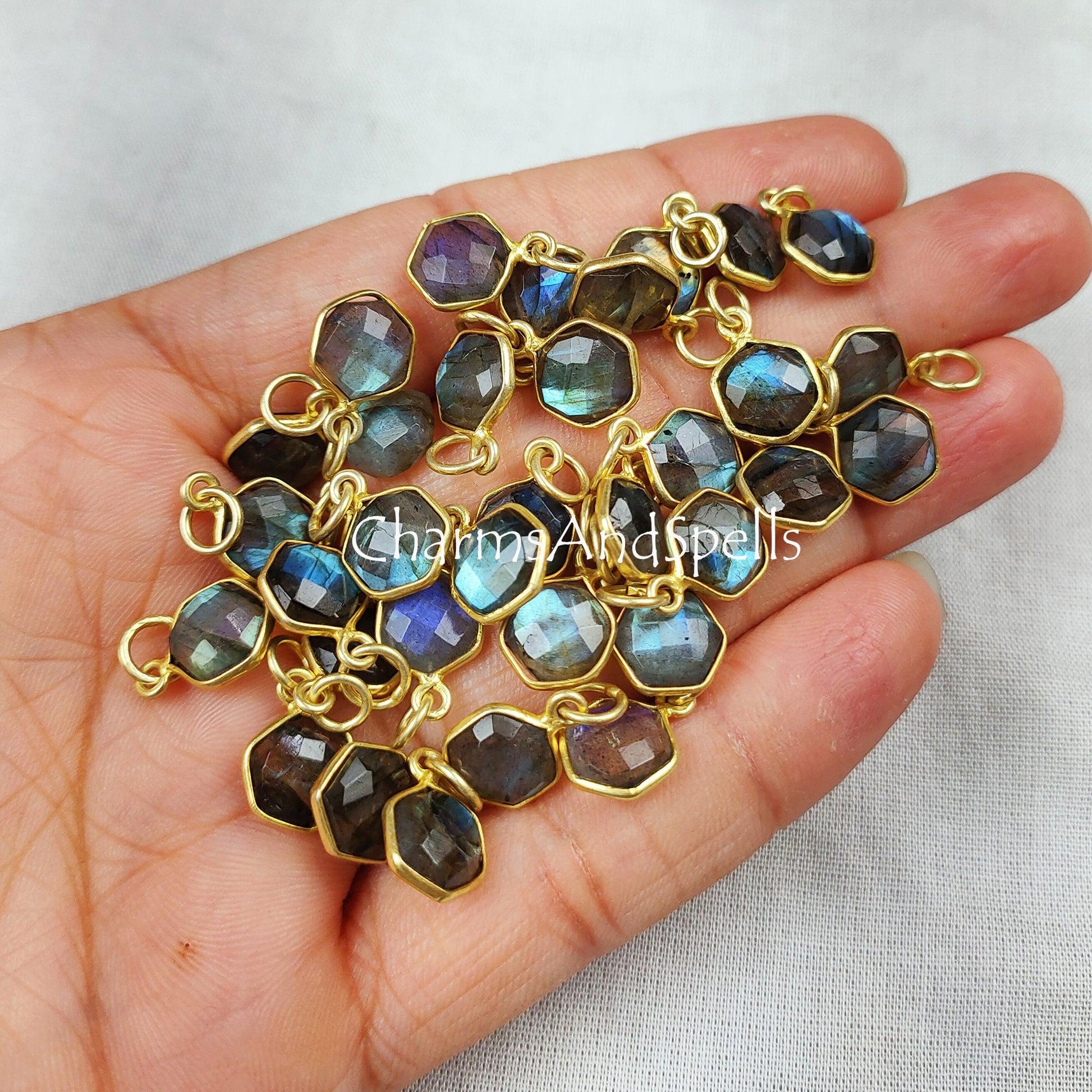 Natural Labradorite Hexagon Necklace, Dainty Hexagon Pendant Necklace, Bridal Shower Gift, Birthday Gift, Bezel Pendant - Charms And Spells