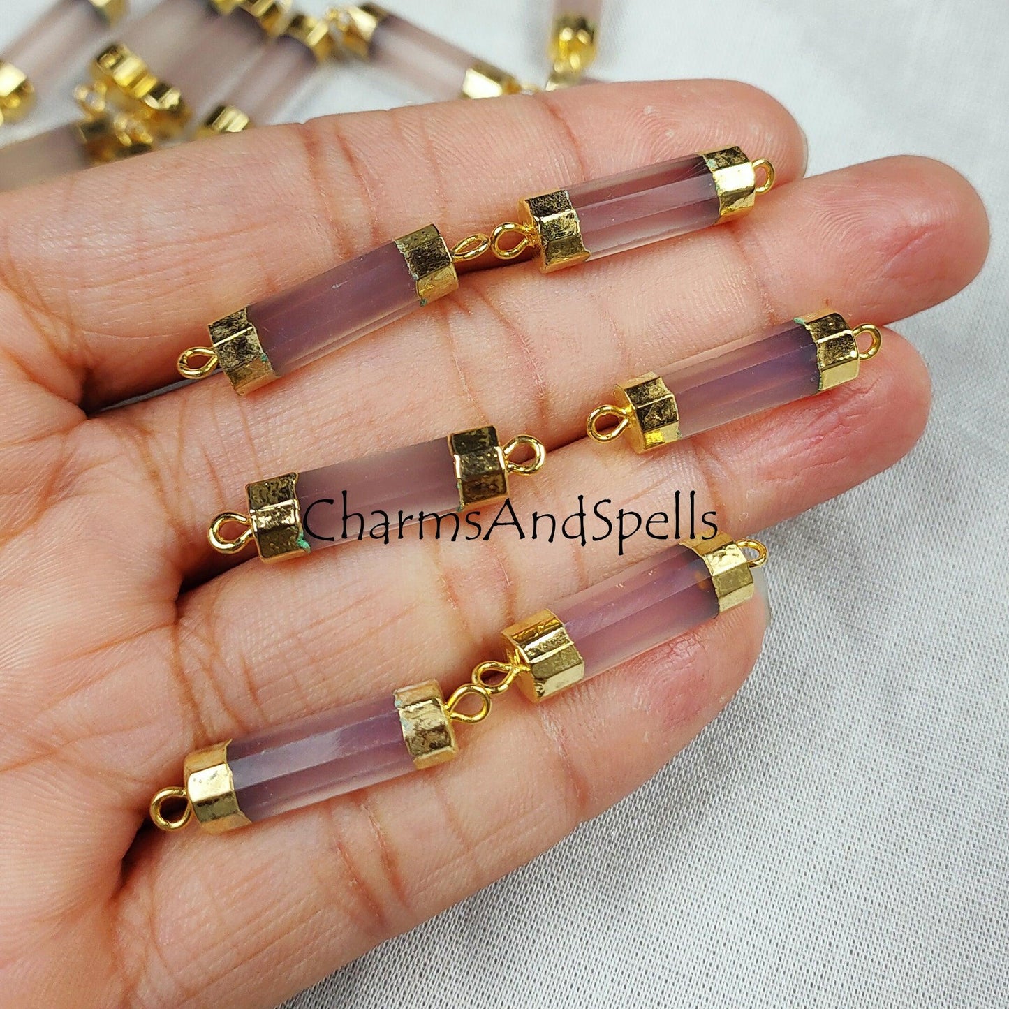 Pink Chalcedony Pendent Connector, Chalcedony Jewelry, Gemstone Connector, Bar Connector, Tube Pendent, Double Loop - Charms And Spells